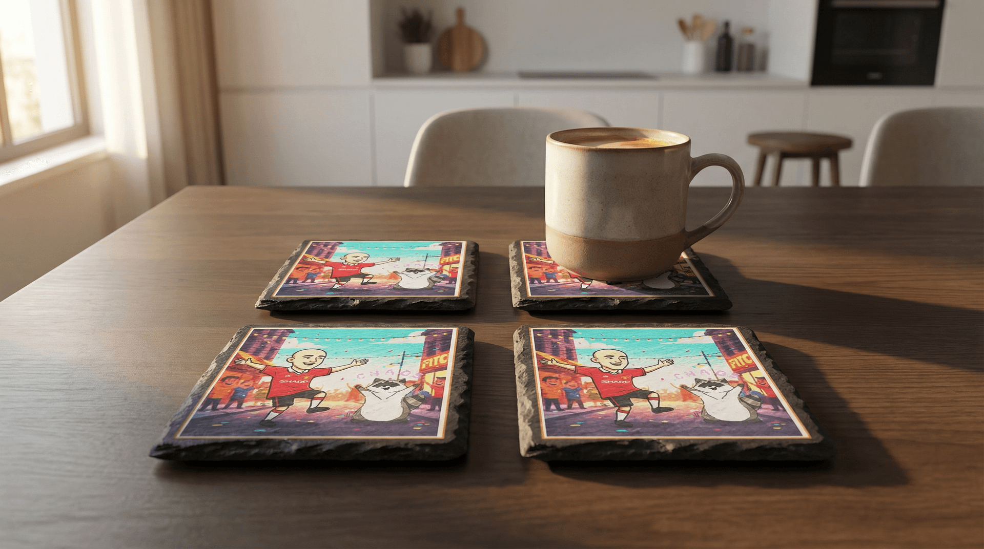 Four personalised UV-printed slate coasters with full colour designs arranged on a wooden dining table
