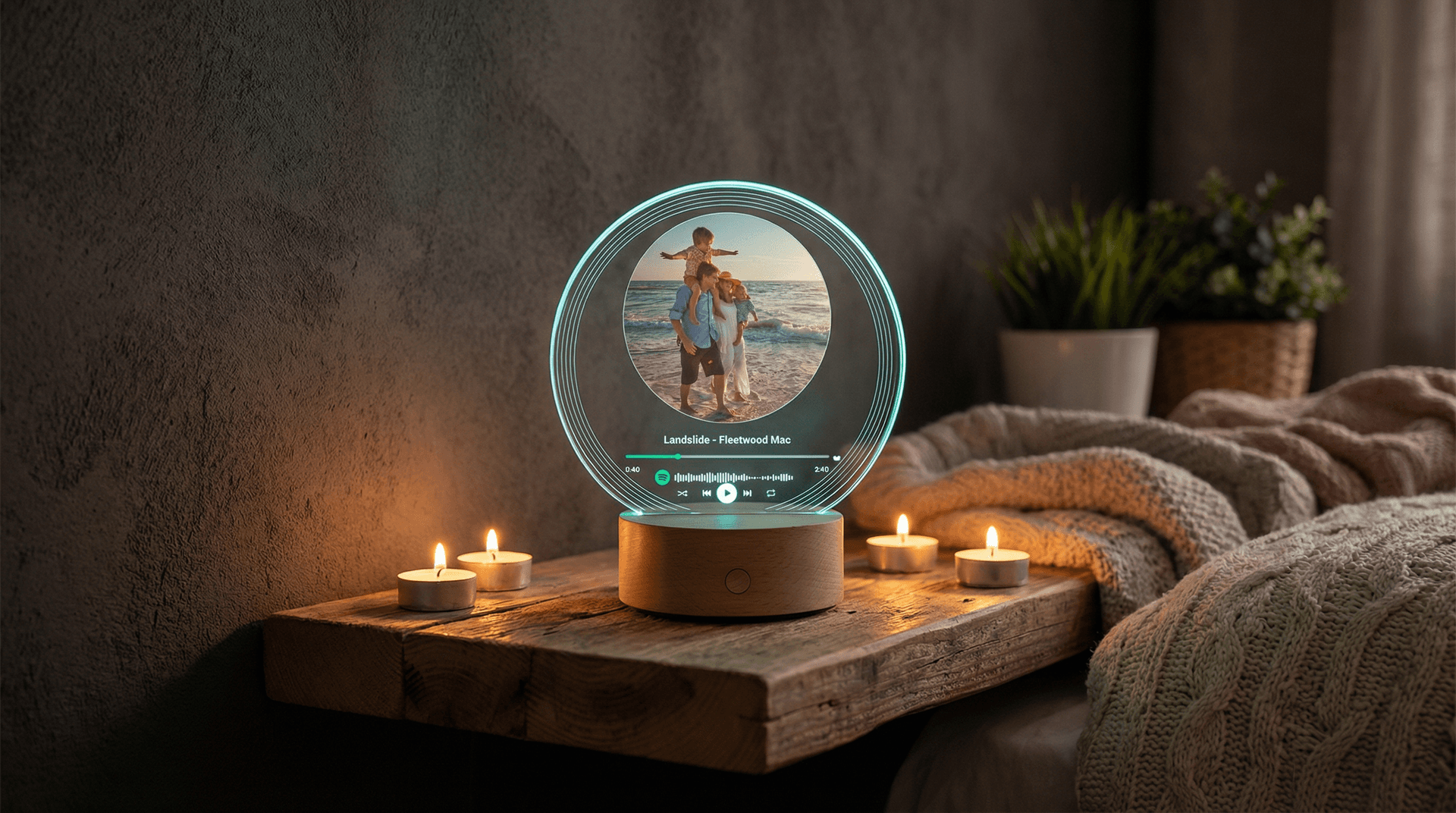 Personalised Spotify music plaque LED night light glowing on a bedside table with a couple's photo and song details