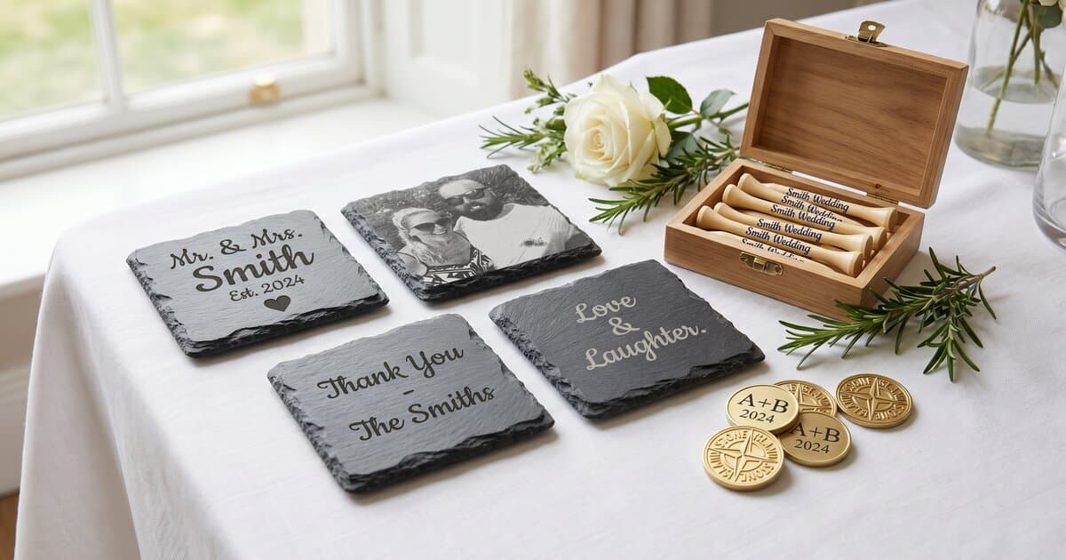 Personalised wedding favours arrayed on a reception table — engraved slate coasters, custom bamboo golf tees and ball marker coins with rosemary sprigs