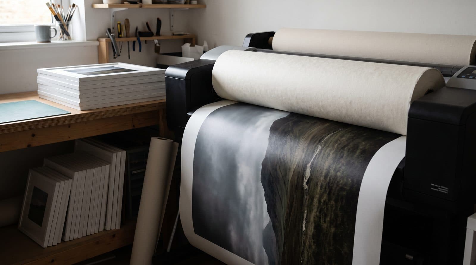 Large format giclee printer producing a fine art print on gallery paper
