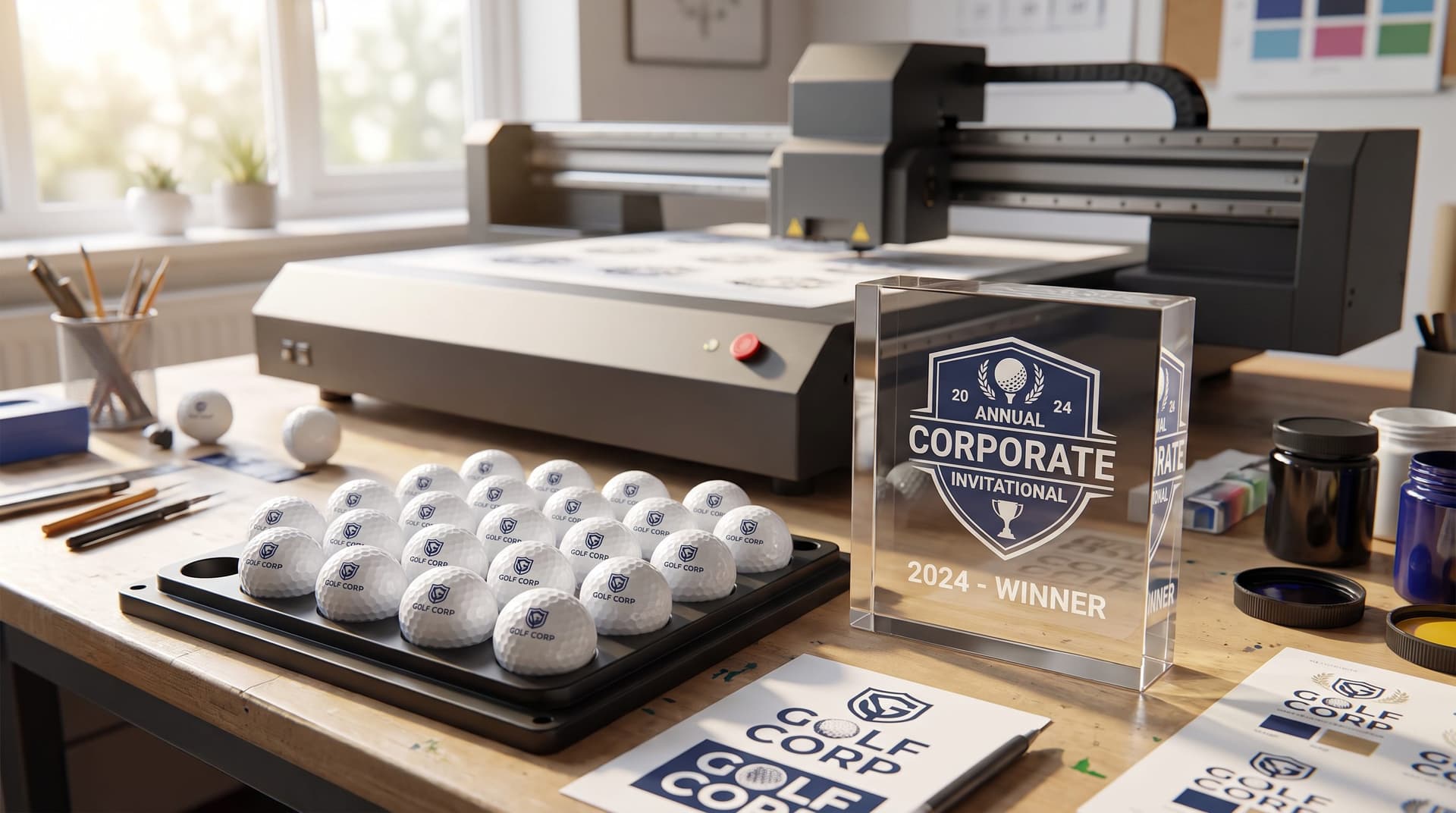 Freshly printed logo golf balls in a jig tray beside a flatbed UV printer and a clear acrylic golf trophy block