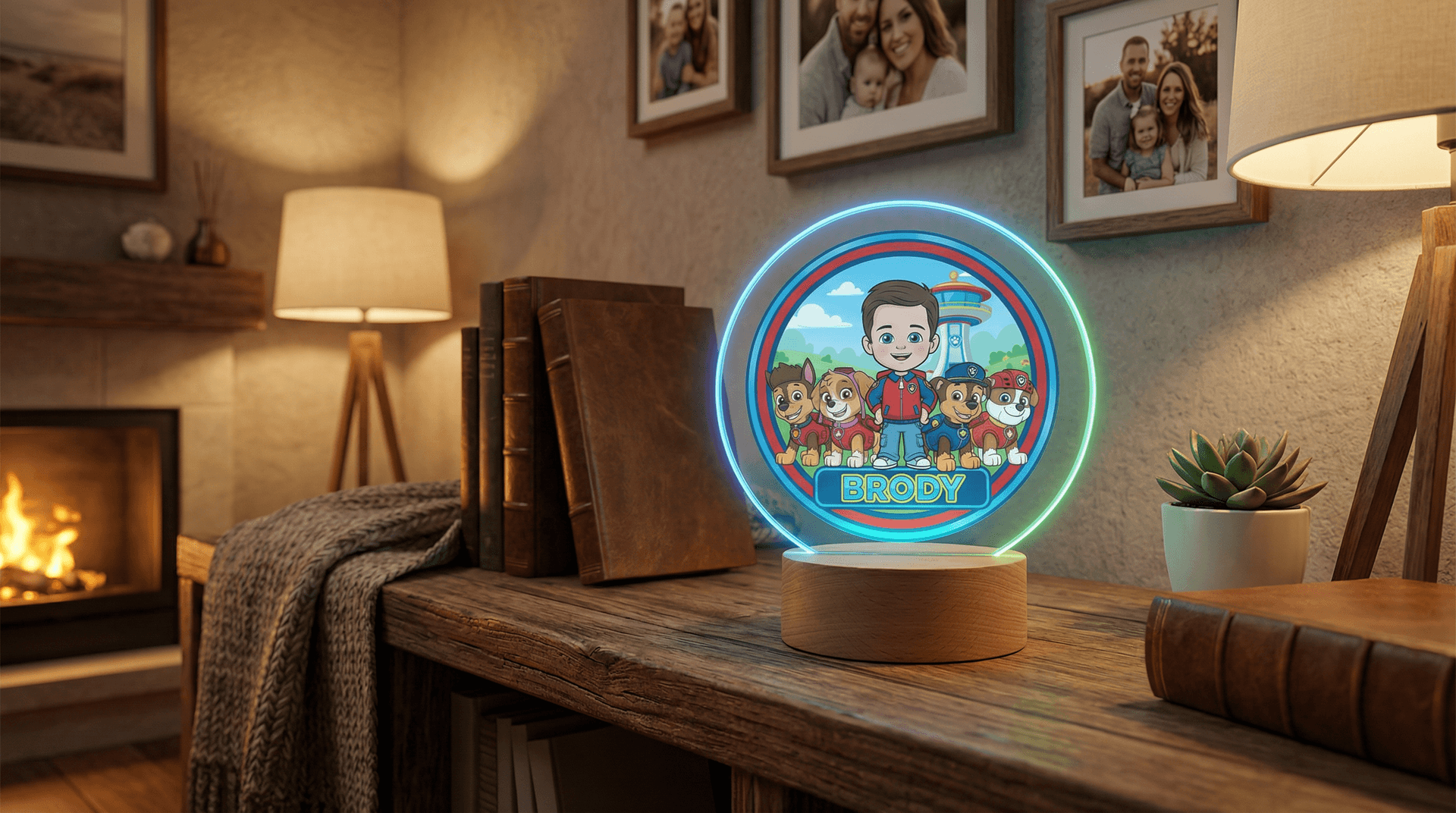 Round acrylic RGB photo light with colour changing LED illumination on wooden base