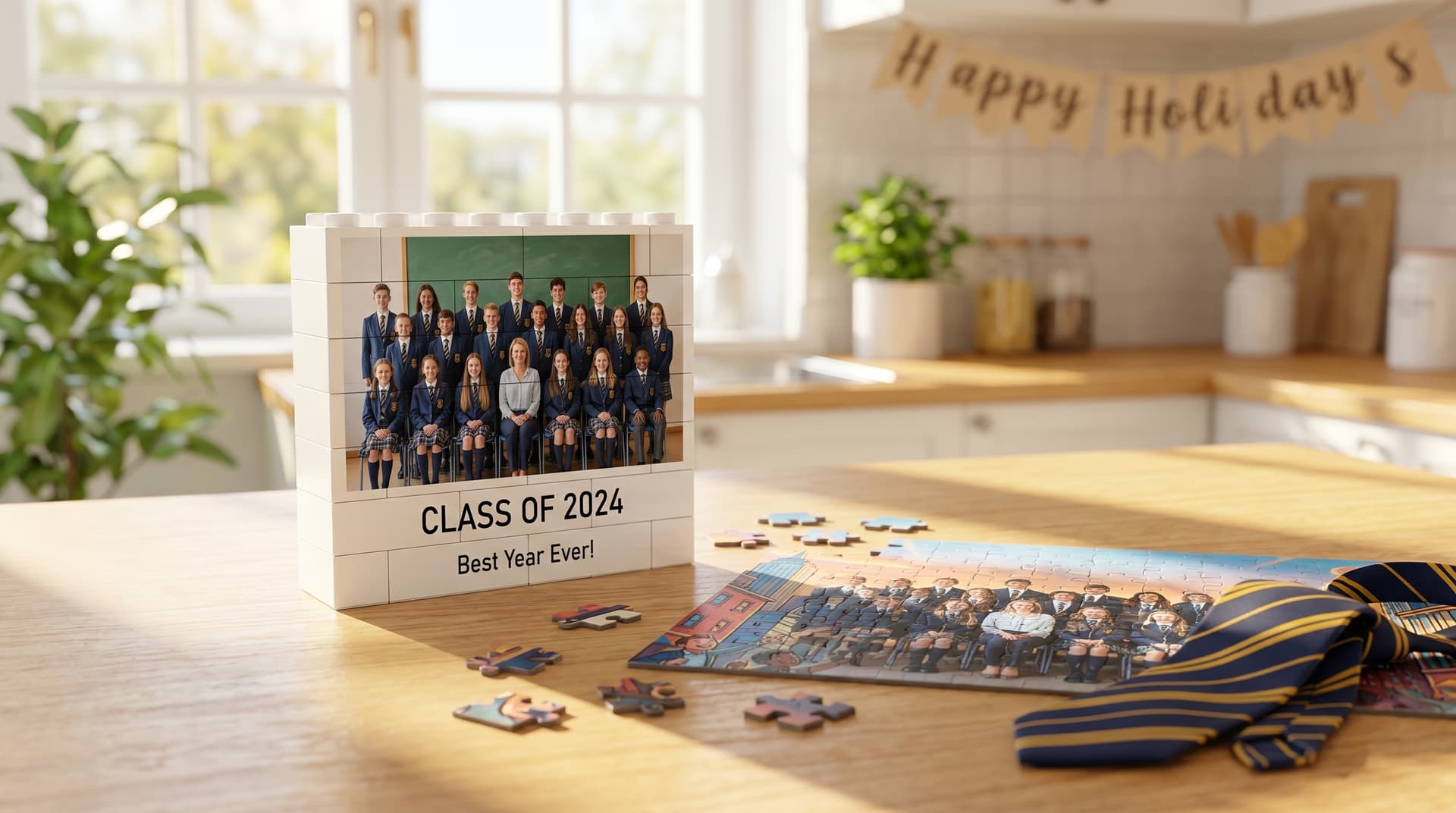 LEGO photo brick wall showing a class photo beside a custom school jigsaw on a kitchen table with a school tie