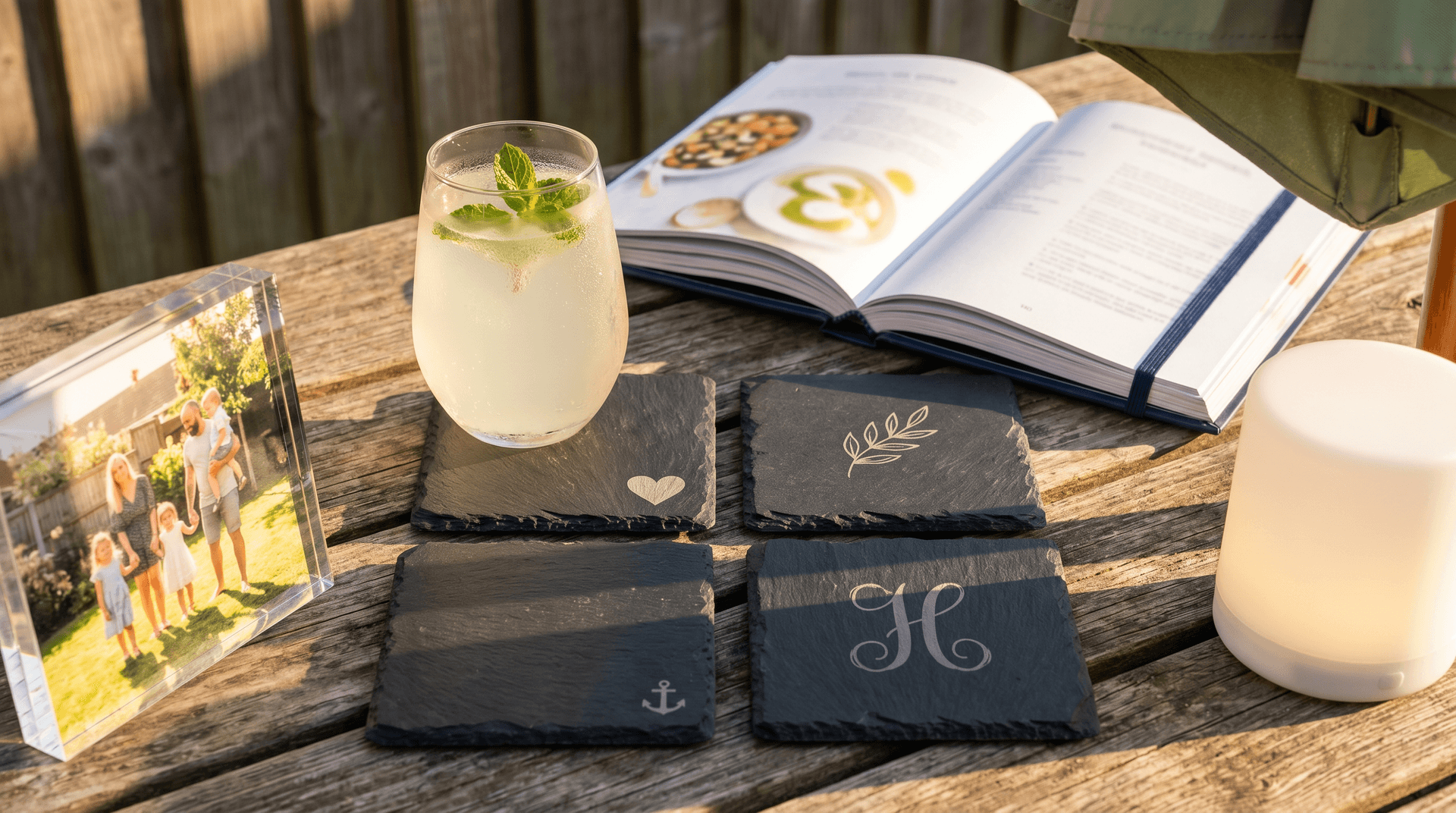 Spring bank holiday garden table with personalised slate coasters, photo block, recipe book and rechargeable photo light in late afternoon sun