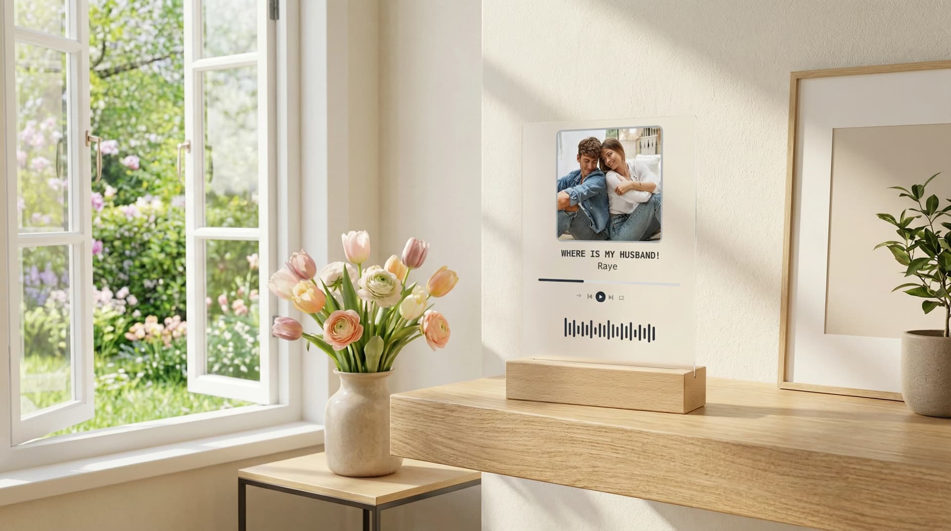 Personalised Spotify Music Plaque on a floating shelf in a bright spring living room with tulips and open window overlooking a green garden