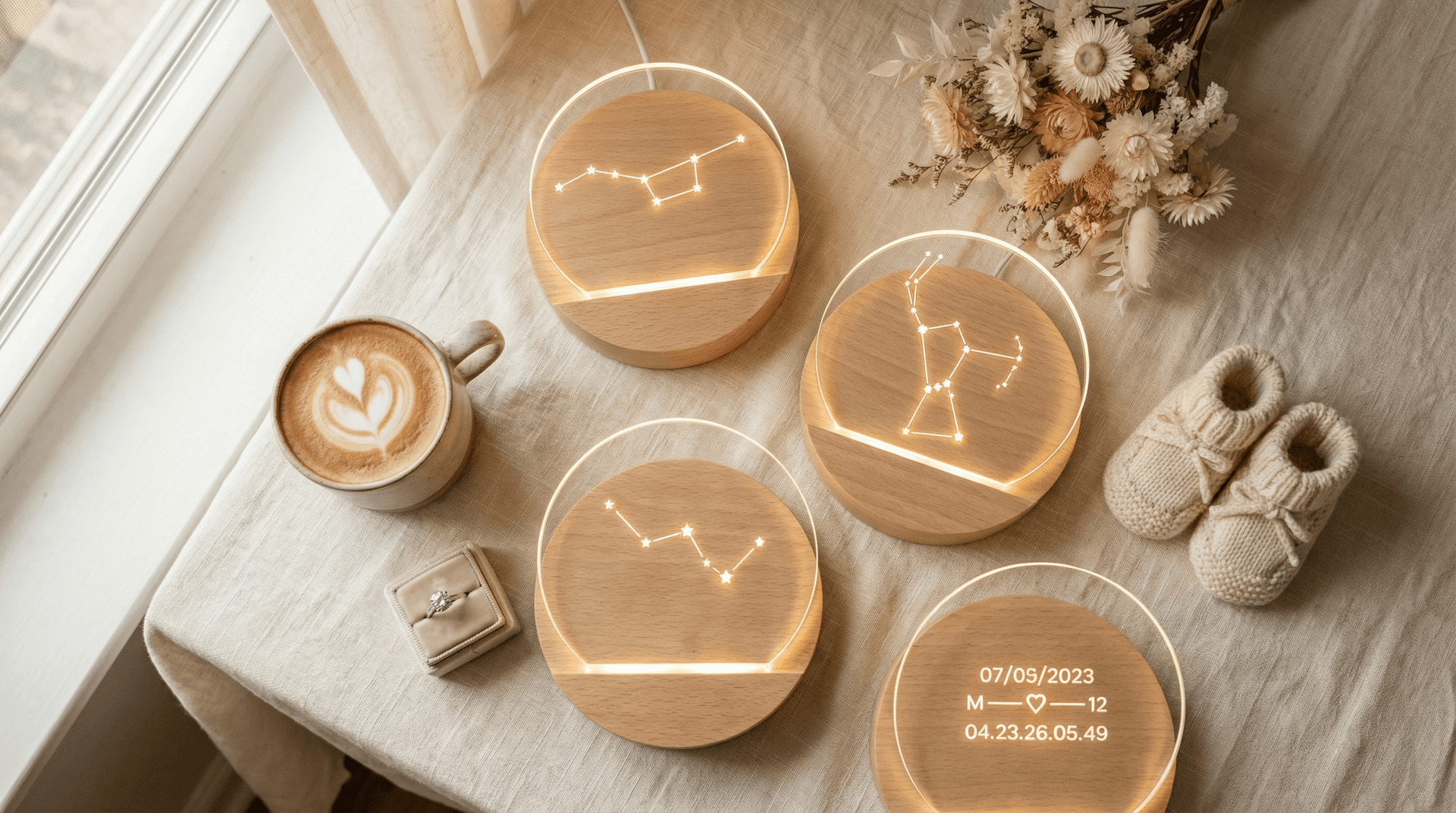 Personalised star map LED night lights showing constellations and dates