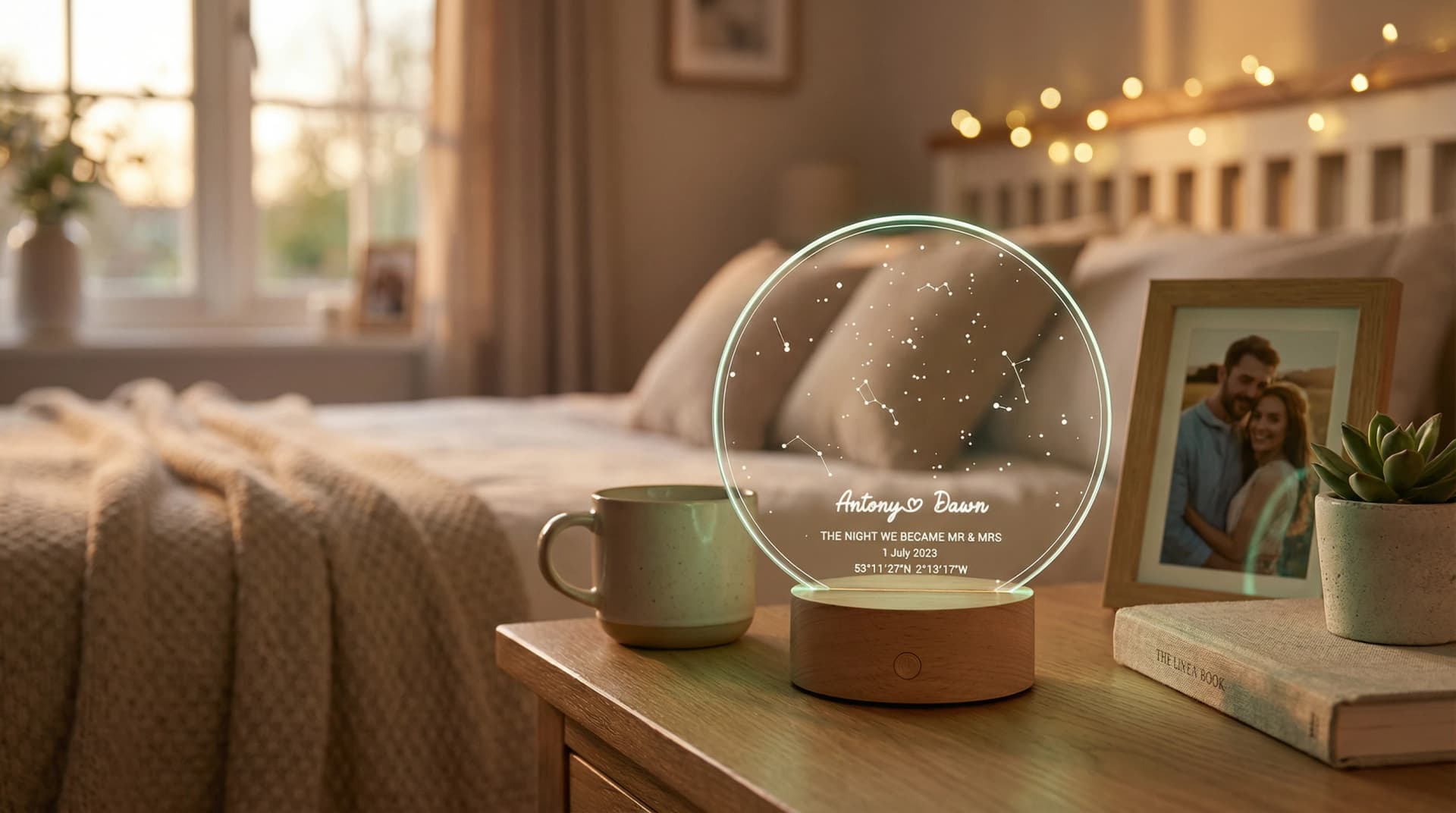 Four star map LED night lights representing life milestones with romantic props on a linen tablecloth