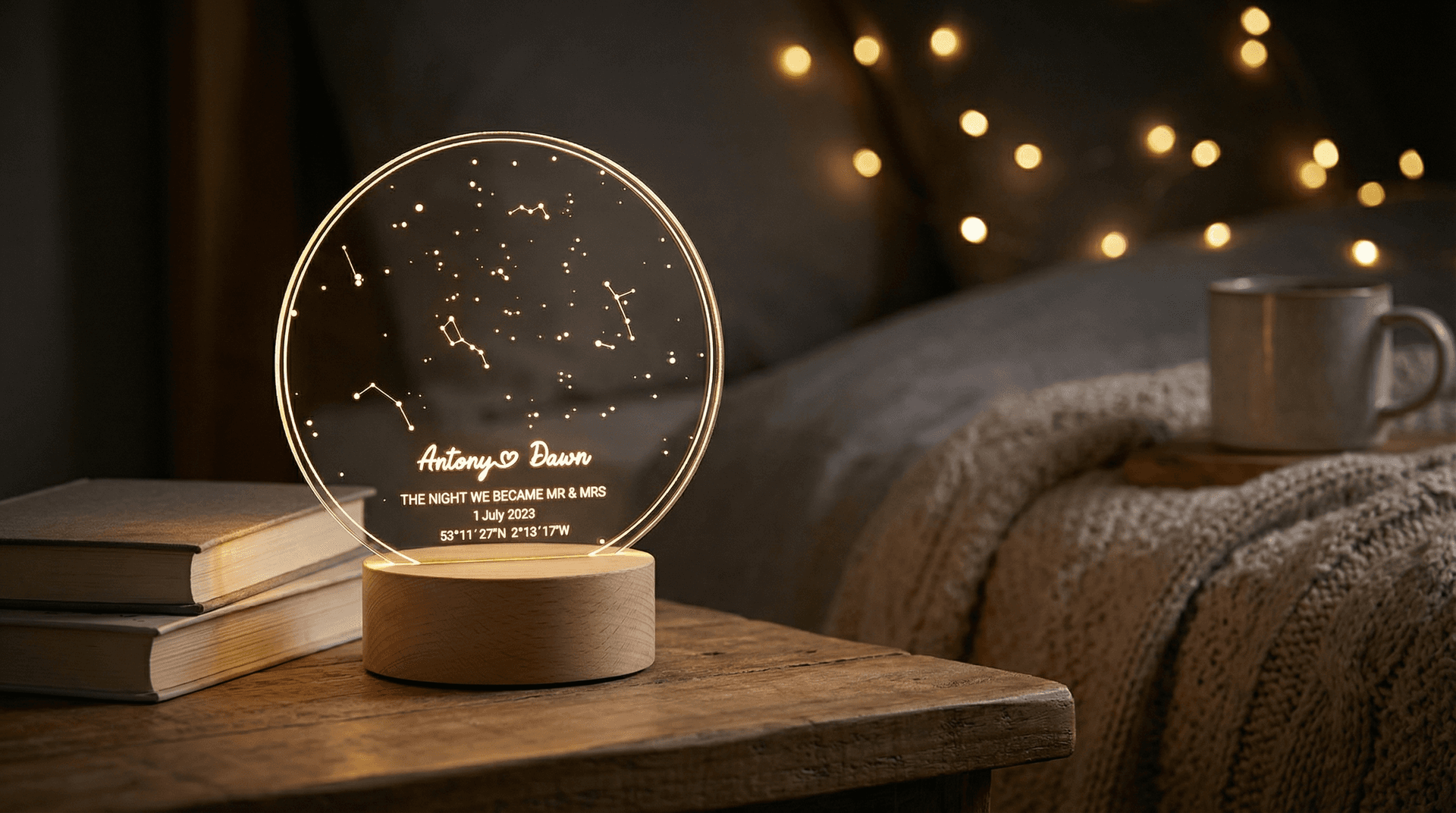 Star map LED night light showing constellation pattern with warm white LED illumination on wooden base