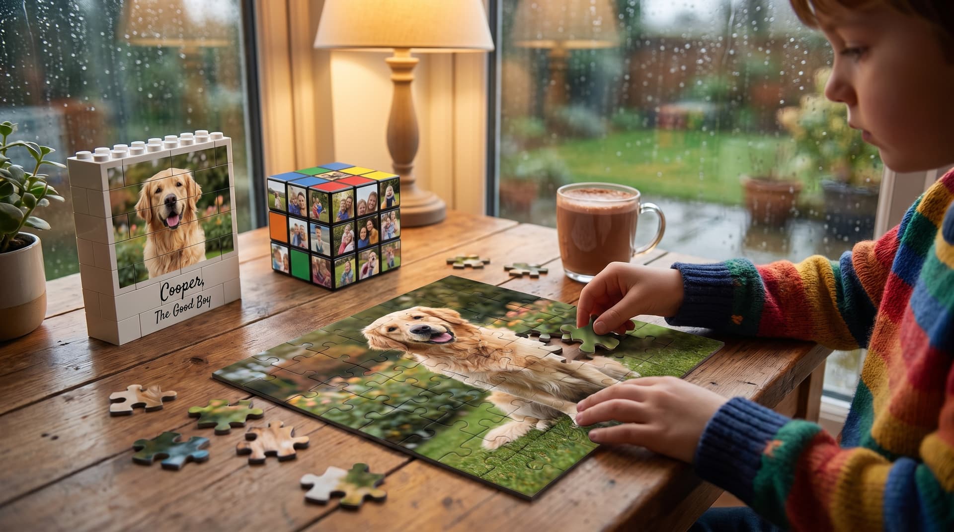Child assembling a custom photo jigsaw at a kitchen table on a rainy day, with a LEGO photo brick wall and photo cube nearby