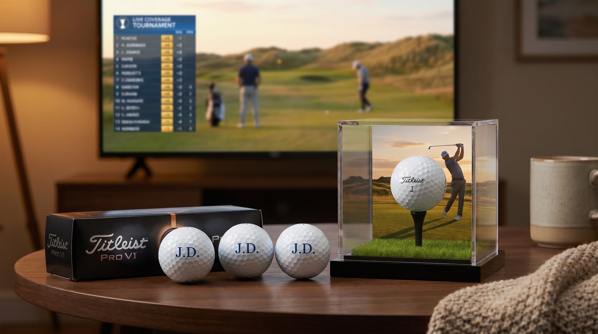 Personalised Titleist Pro V1 golf balls and a crystal acrylic display box arranged on a coffee table in front of golf on the television