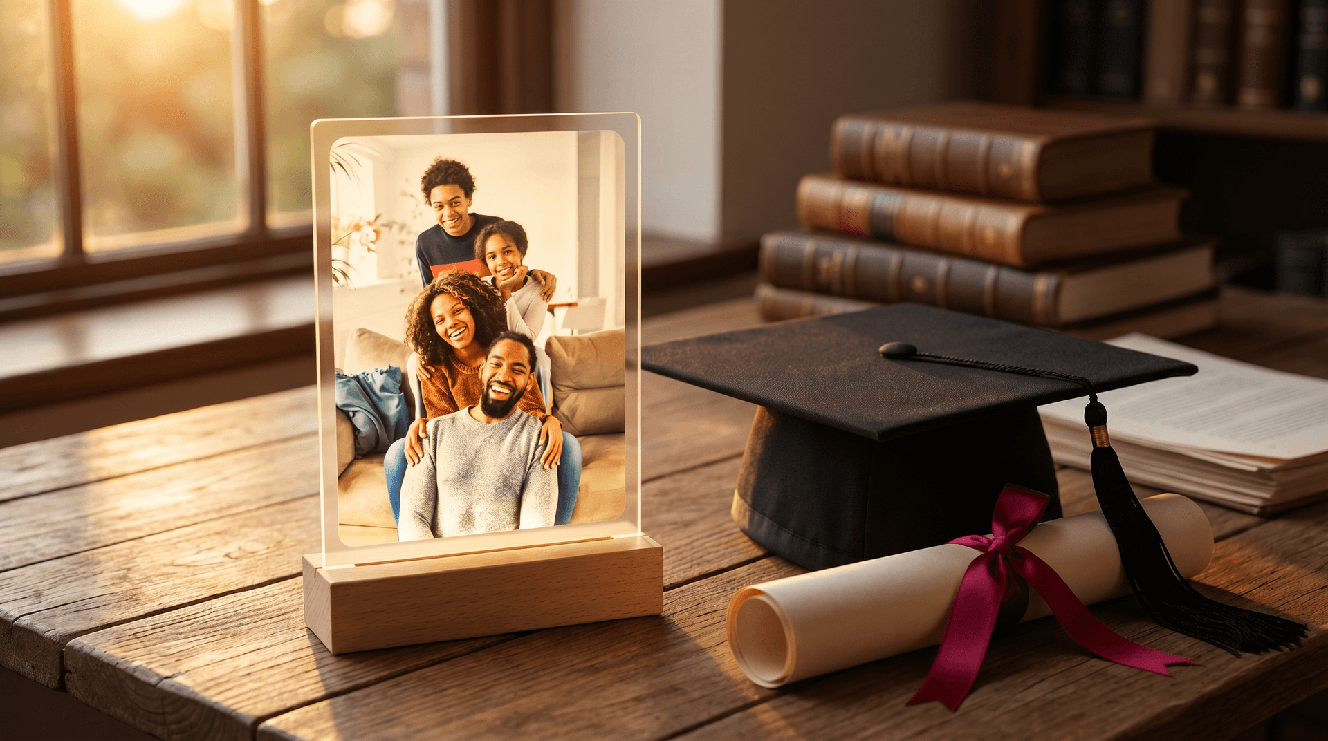 Graduation cap beside a personalised LED photo frame and memory box on a desk