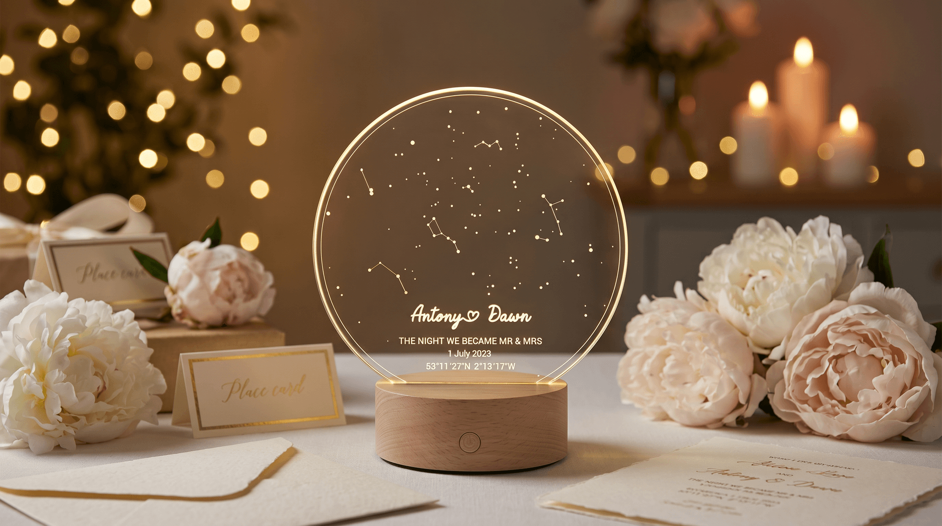 Personalised star map nightlight and music plaque on a dressed wedding-day table with flowers