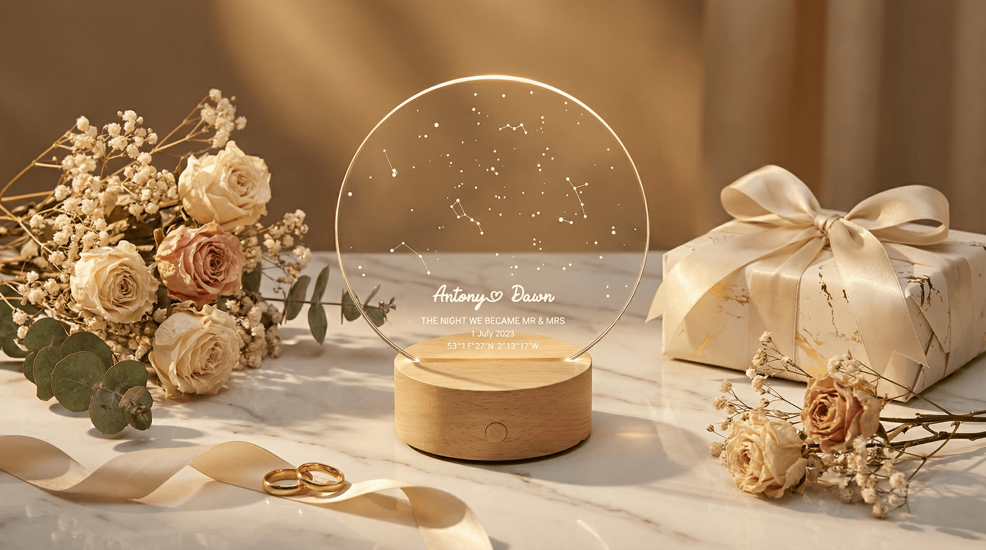 Star map LED night light and where we met map plaque as personalised wedding gifts for couples