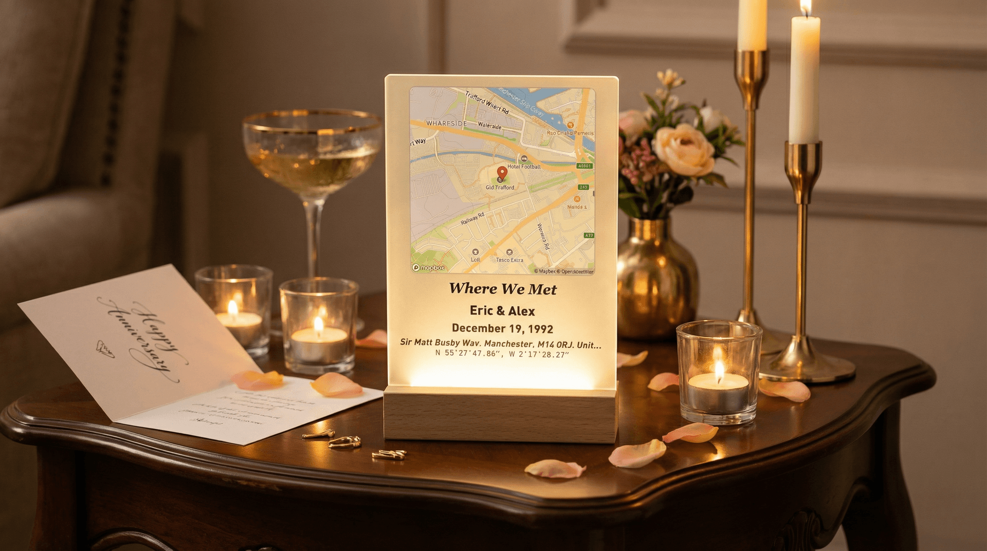 Personalised anniversary gifts including star map LED night light and where we met map plaque