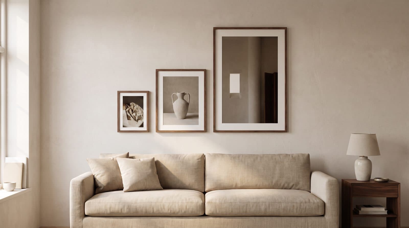 Framed print hanging above a linen sofa showing the scale of an A1 print on a wall