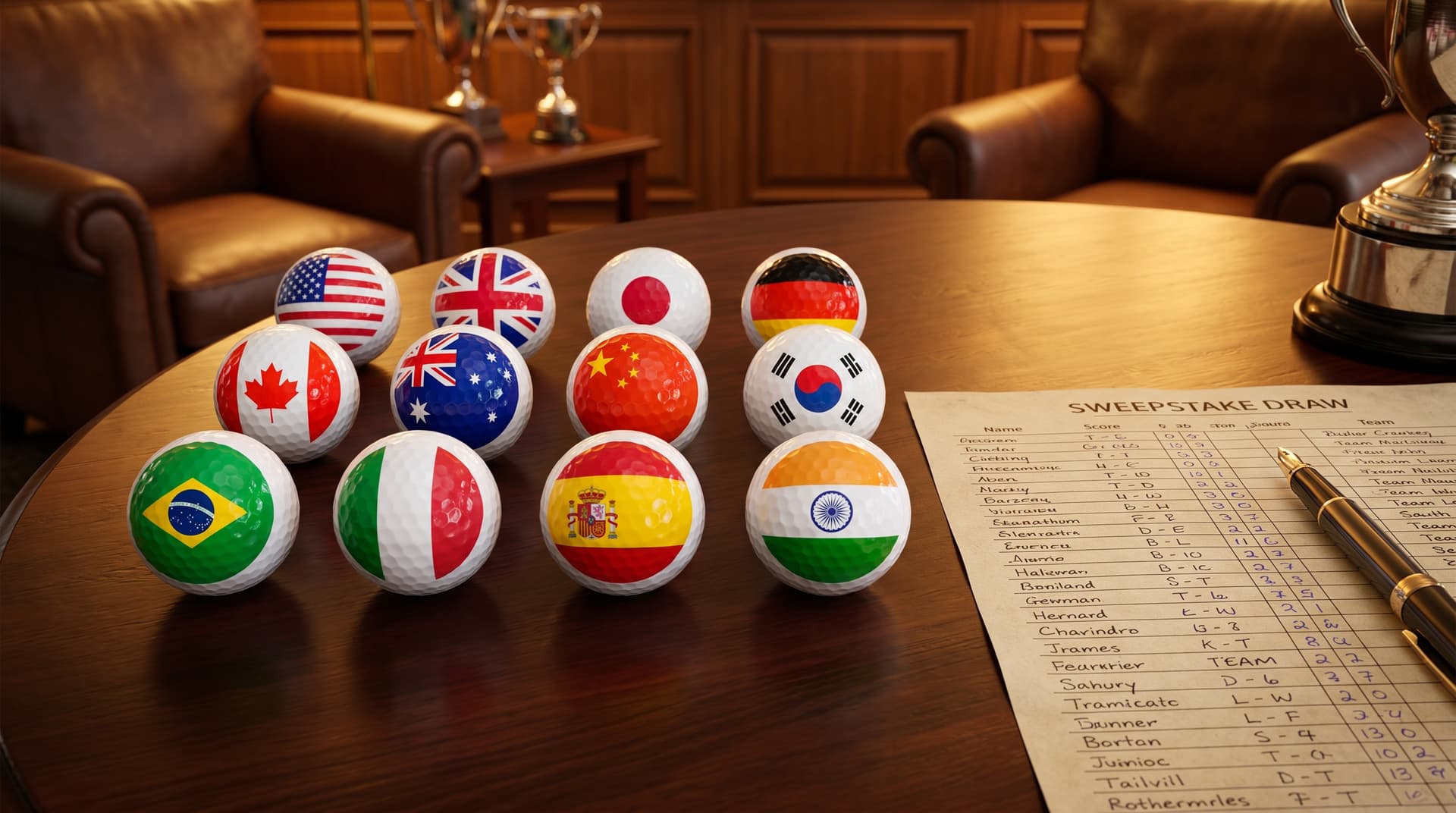 Dirty Dozen set of twelve golf balls each printed with a different national flag, arranged on a clubhouse table beside a sweepstake sheet