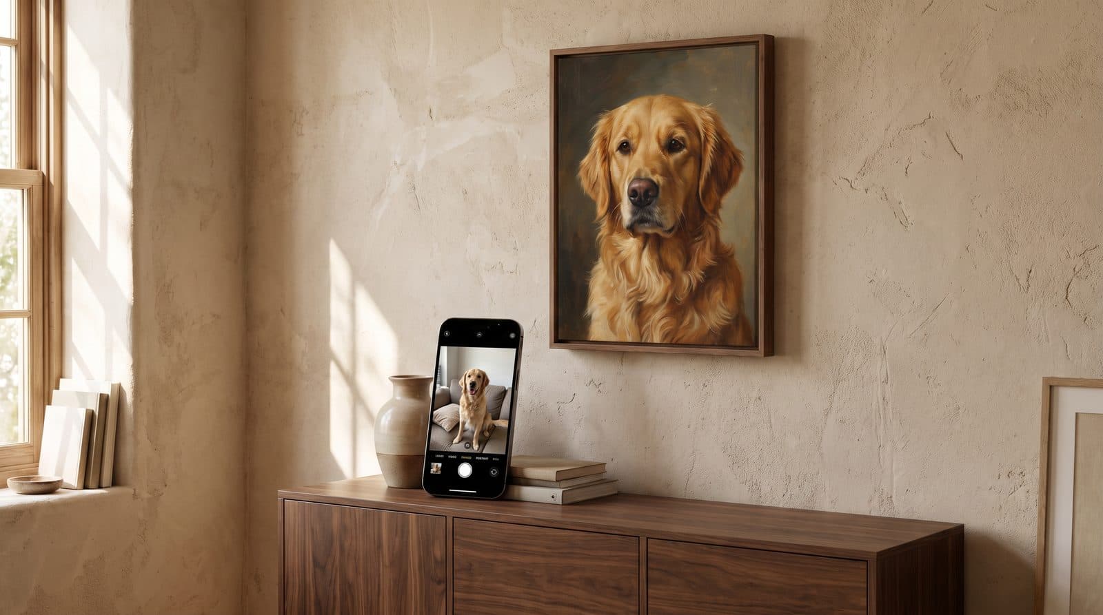Painted portrait of a terrier at a pub pool table hanging in a living room