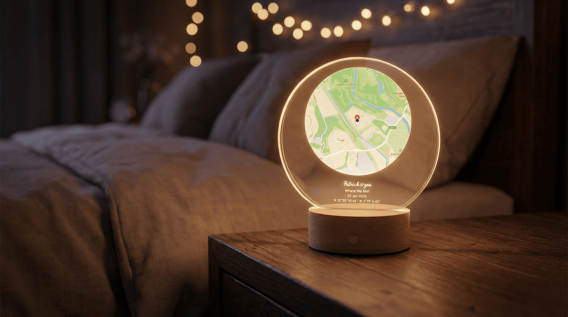 Two personalised LED night light plaques for couples - a map plaque and a music plaque glowing on a wooden base