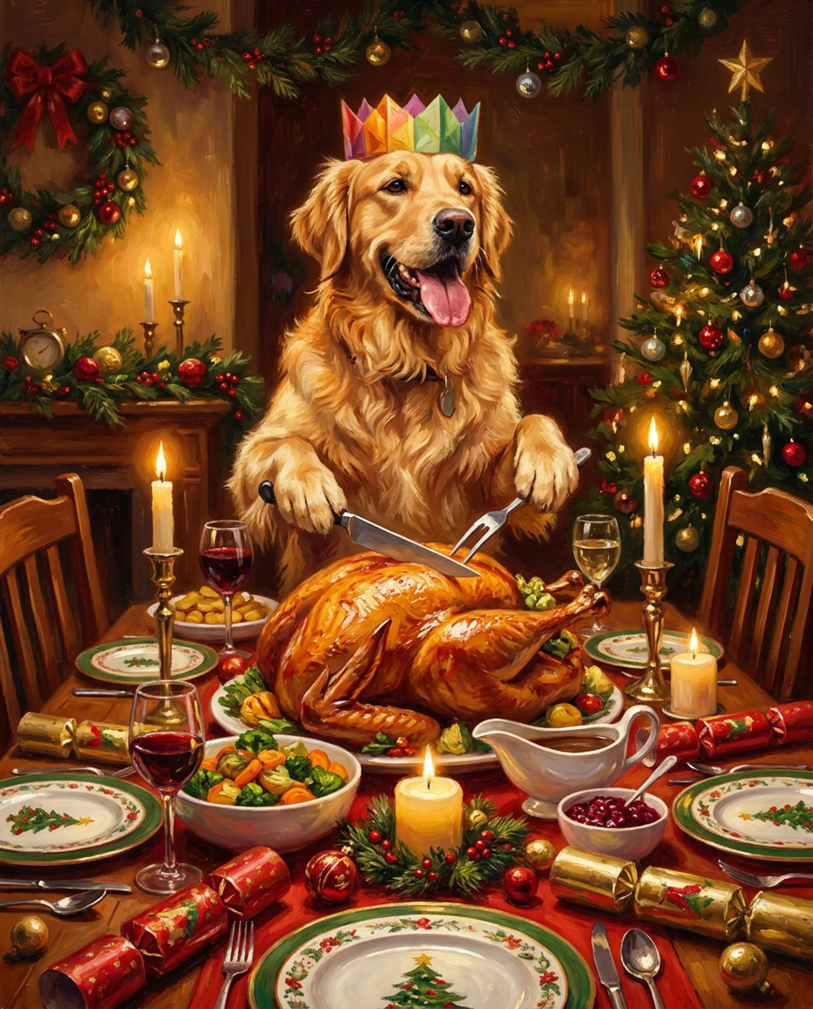 Carving the Turkey — Paper crown, big knife, entire family waiting.