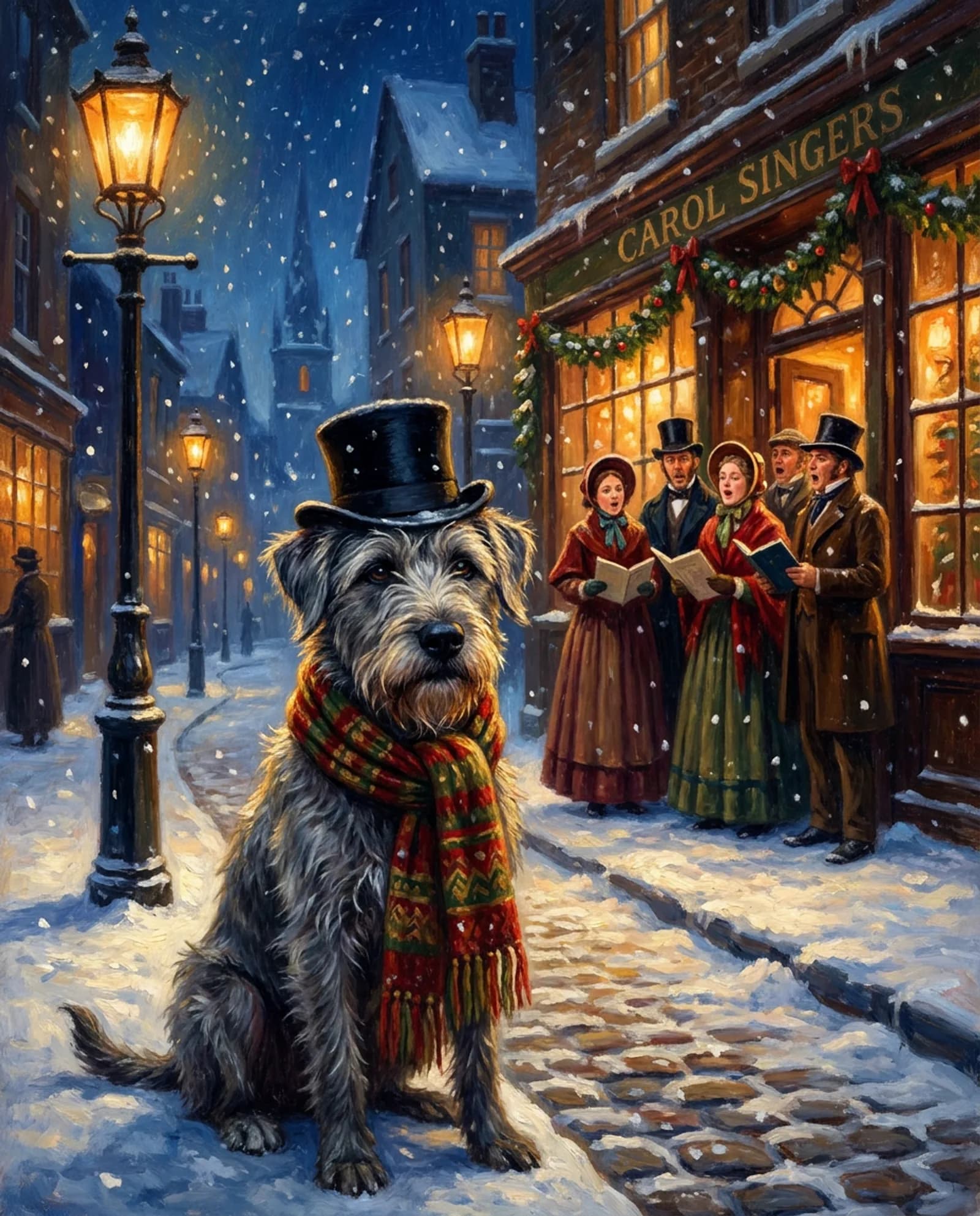 Christmas Eve — Gas lamps, thick snow and carol singers on a cobbled street.