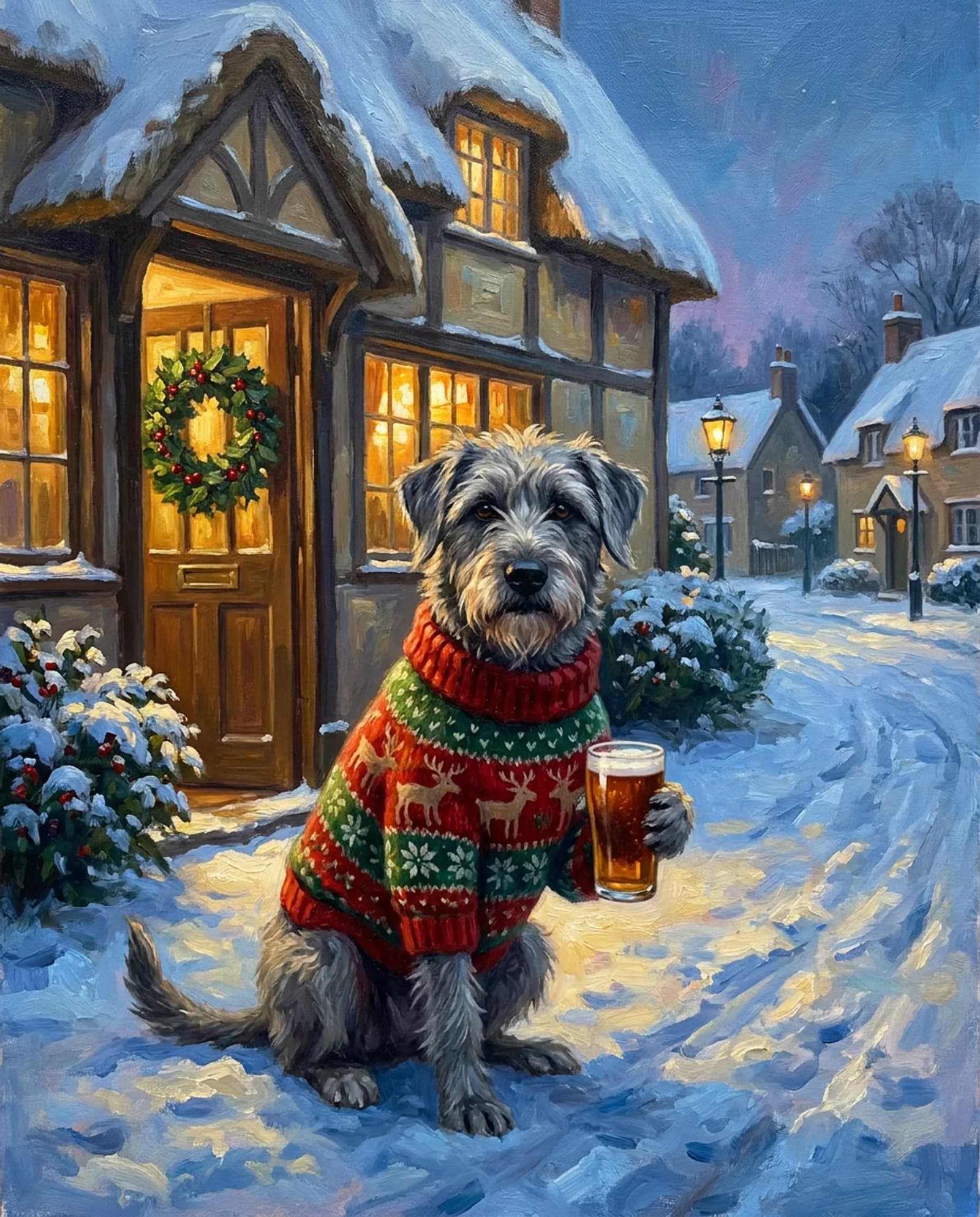 The Village Pub — Snow on the thatch, gold in the windows, pint in paw.