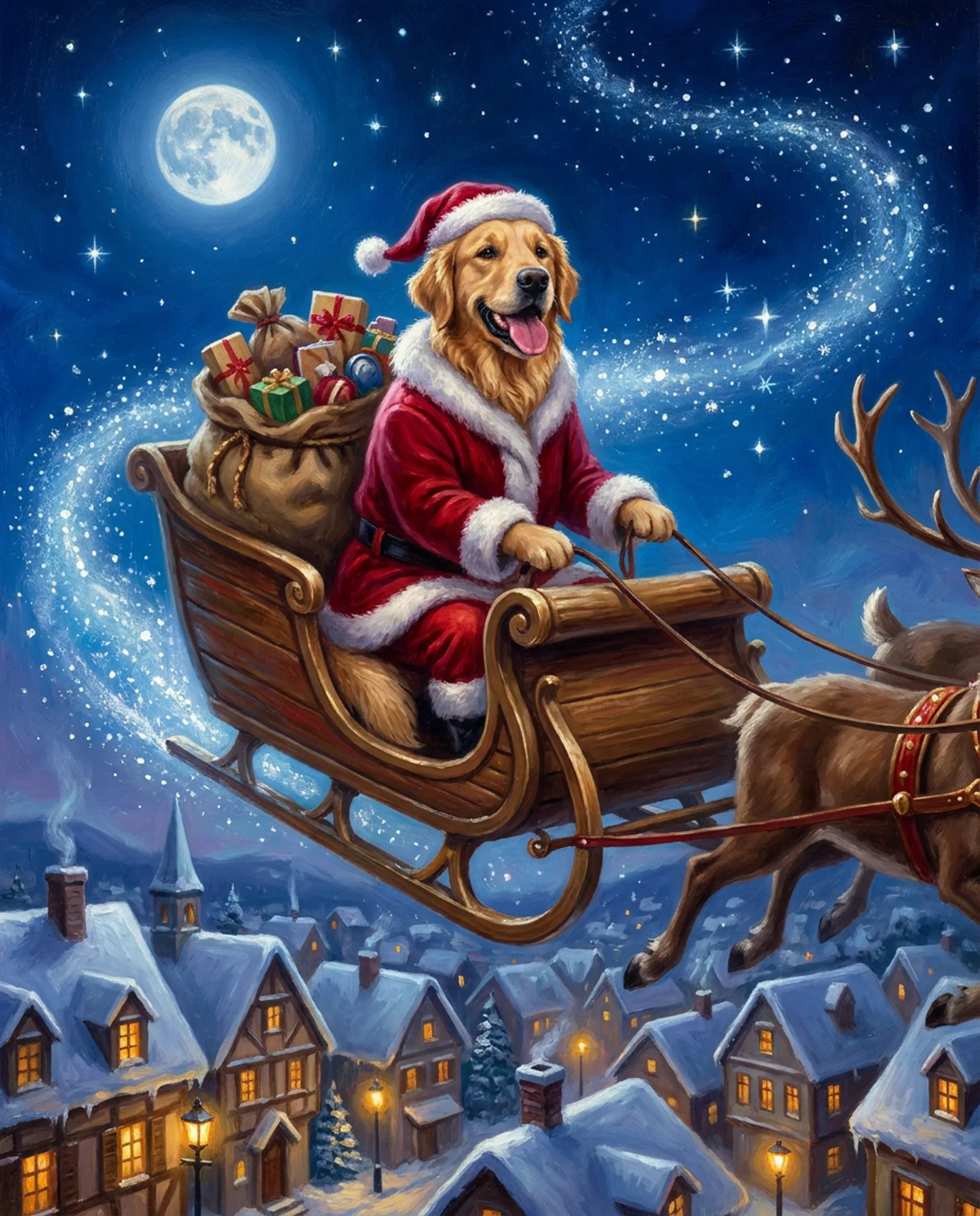 The Sleigh — Red coat, loaded sleigh, a village asleep below.