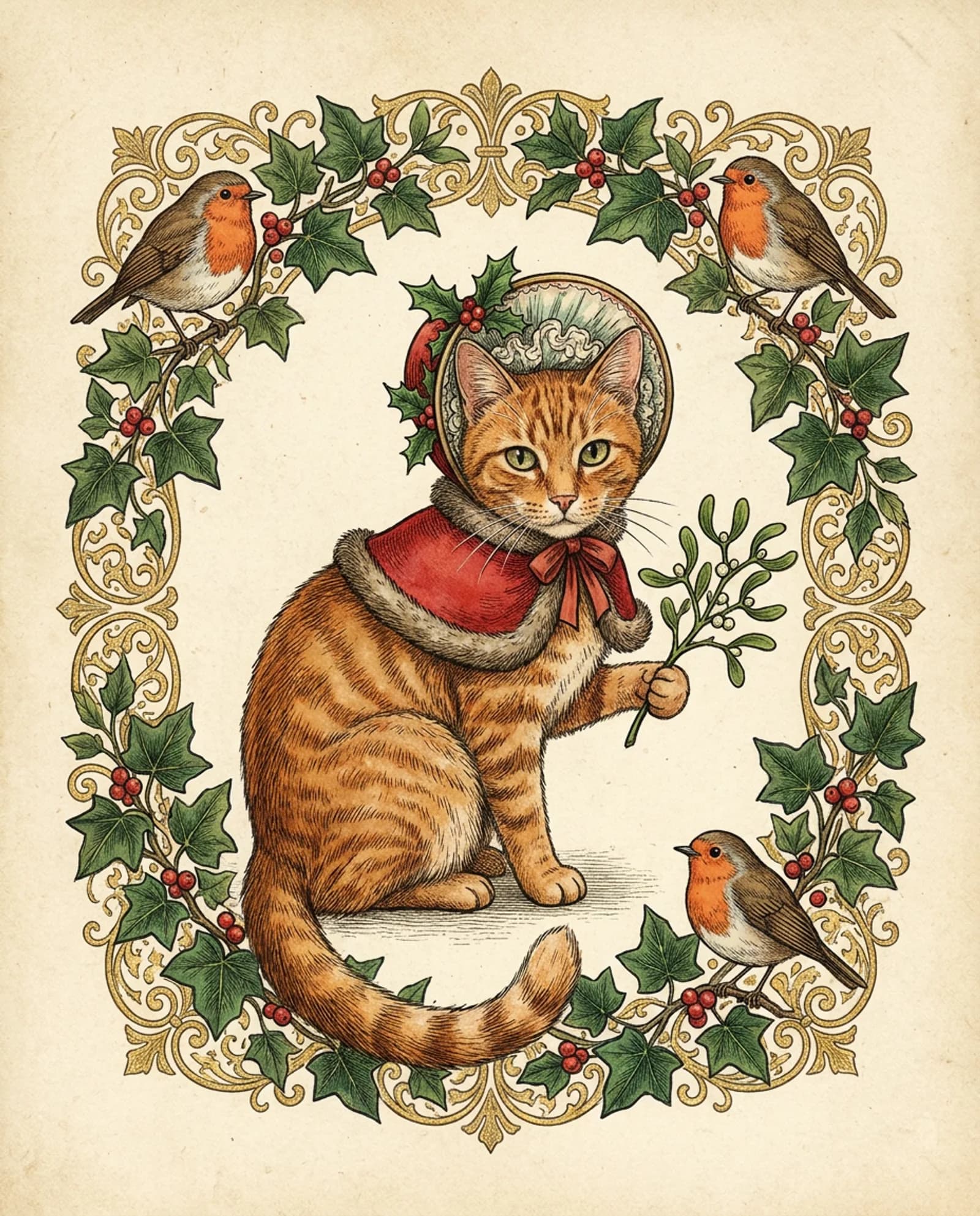 The Christmas Card — Holly, ivy, robins and a great deal of gold filigree.