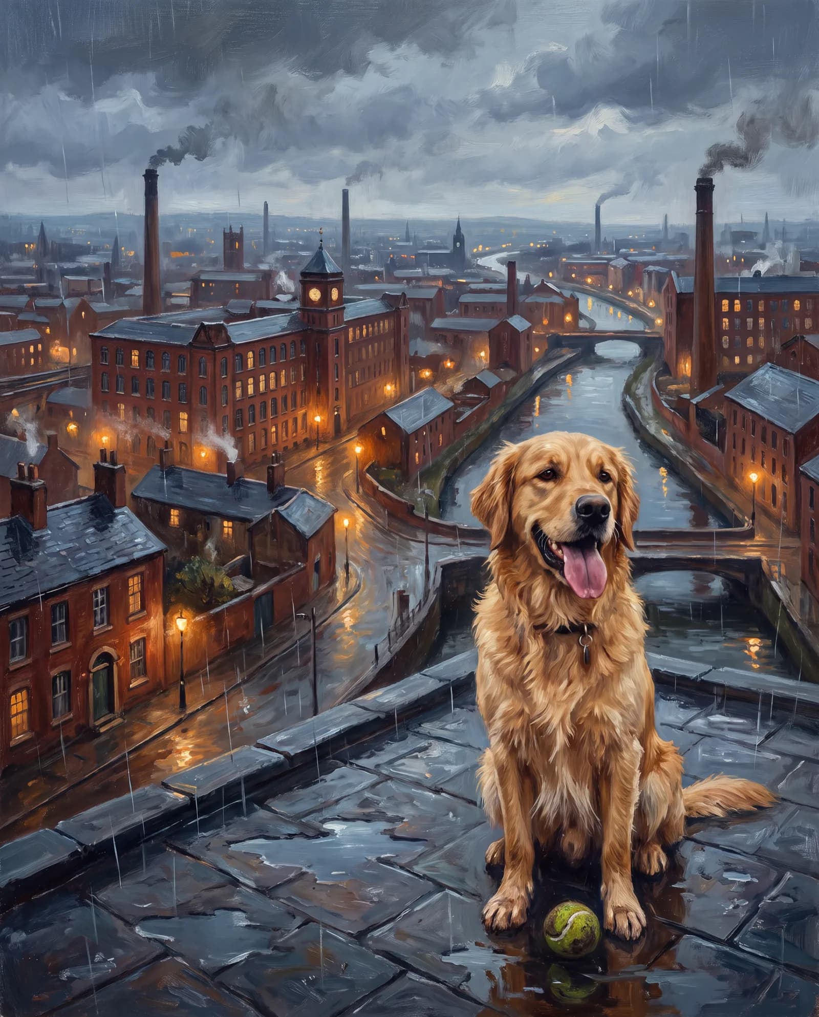 Mills and Drizzle — Red brick, canal water and the streetlights coming on below.