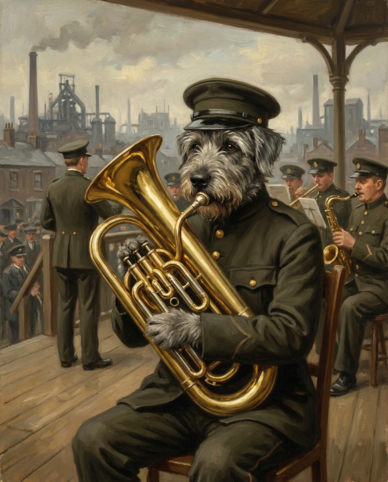 The Brass Band — Euphonium, peaked cap and a mill town skyline behind.