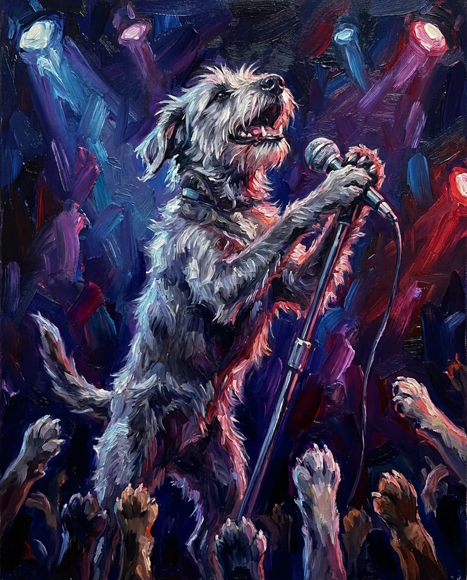 The Frontman — Mic stand, head back, a sea of paws in the dark.
