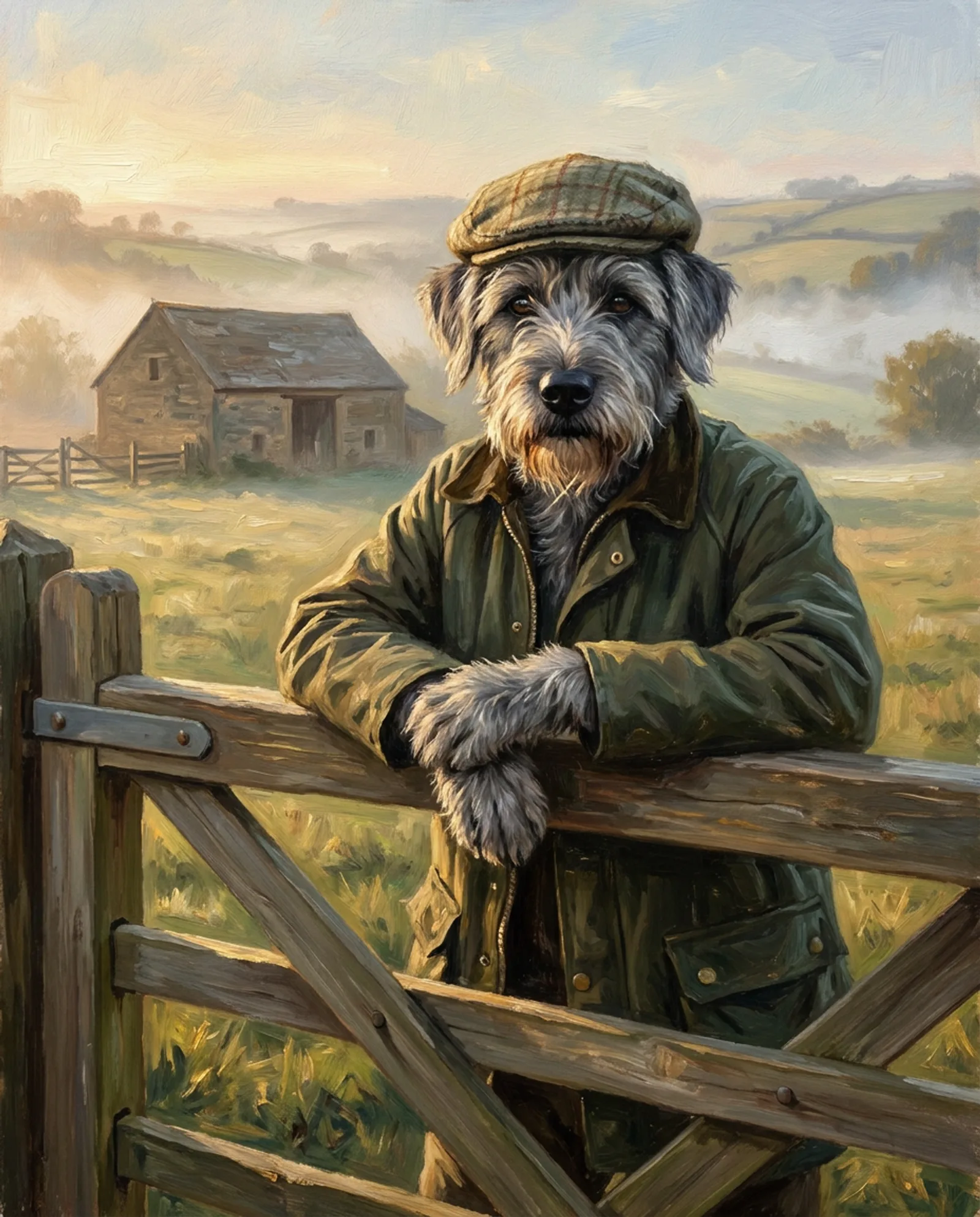 The Farmer — Flat cap, waxed jacket, leaning on the gate at dawn.