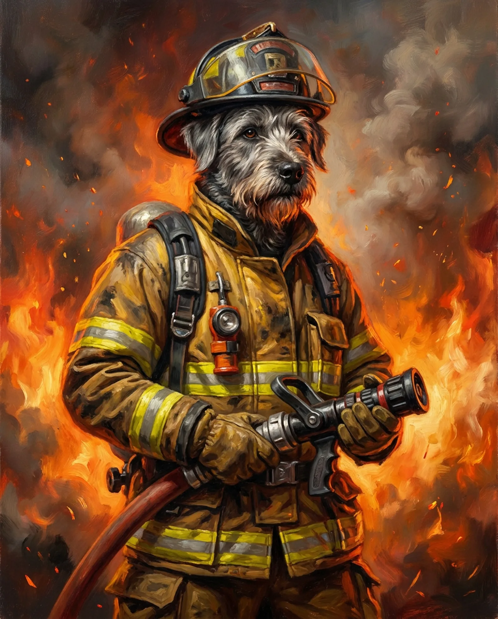 The Firefighter — Turnout gear, soot on the helmet, hose in paw.