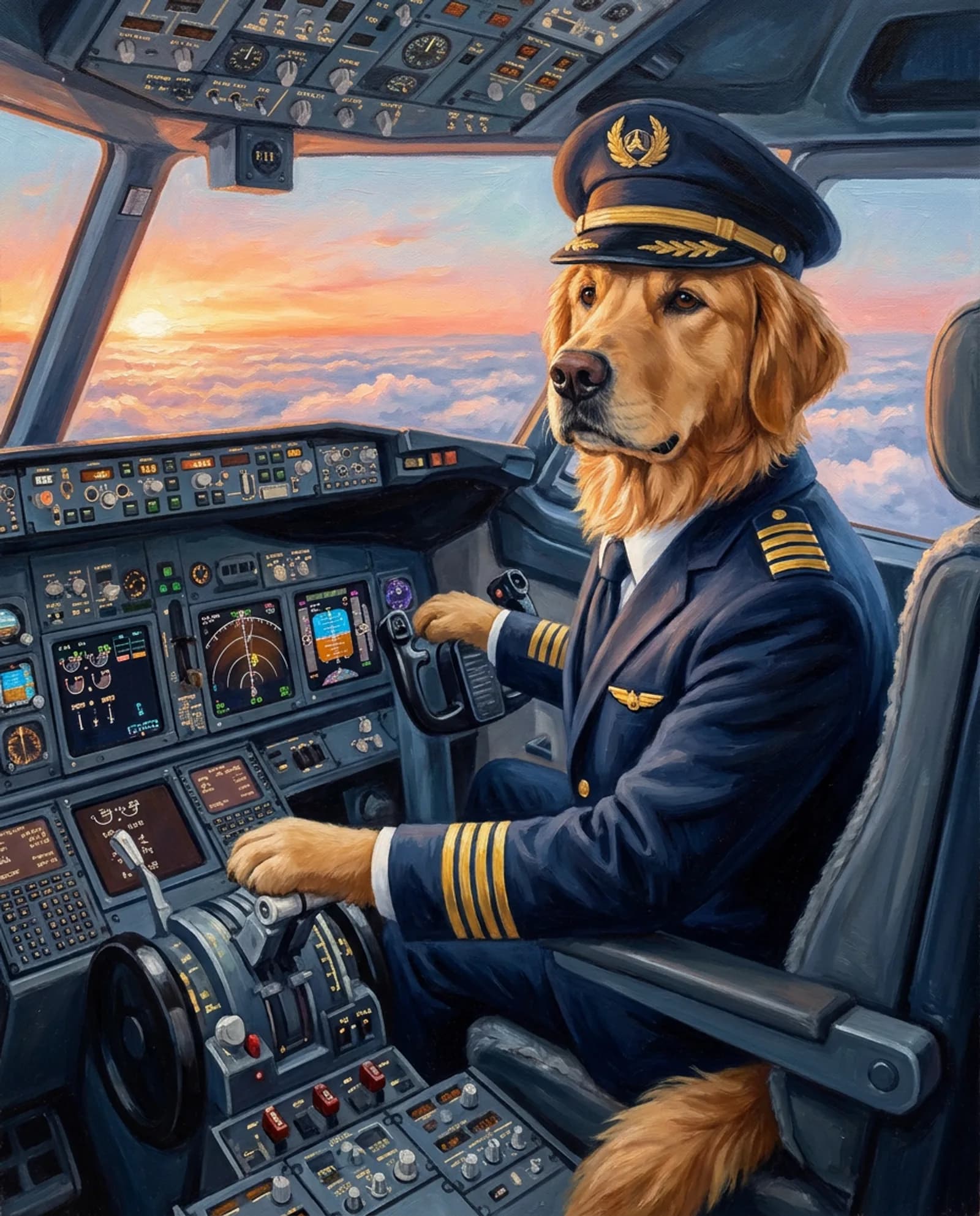 The Captain — Four stripes, sunrise through the windscreen, entirely in command.
