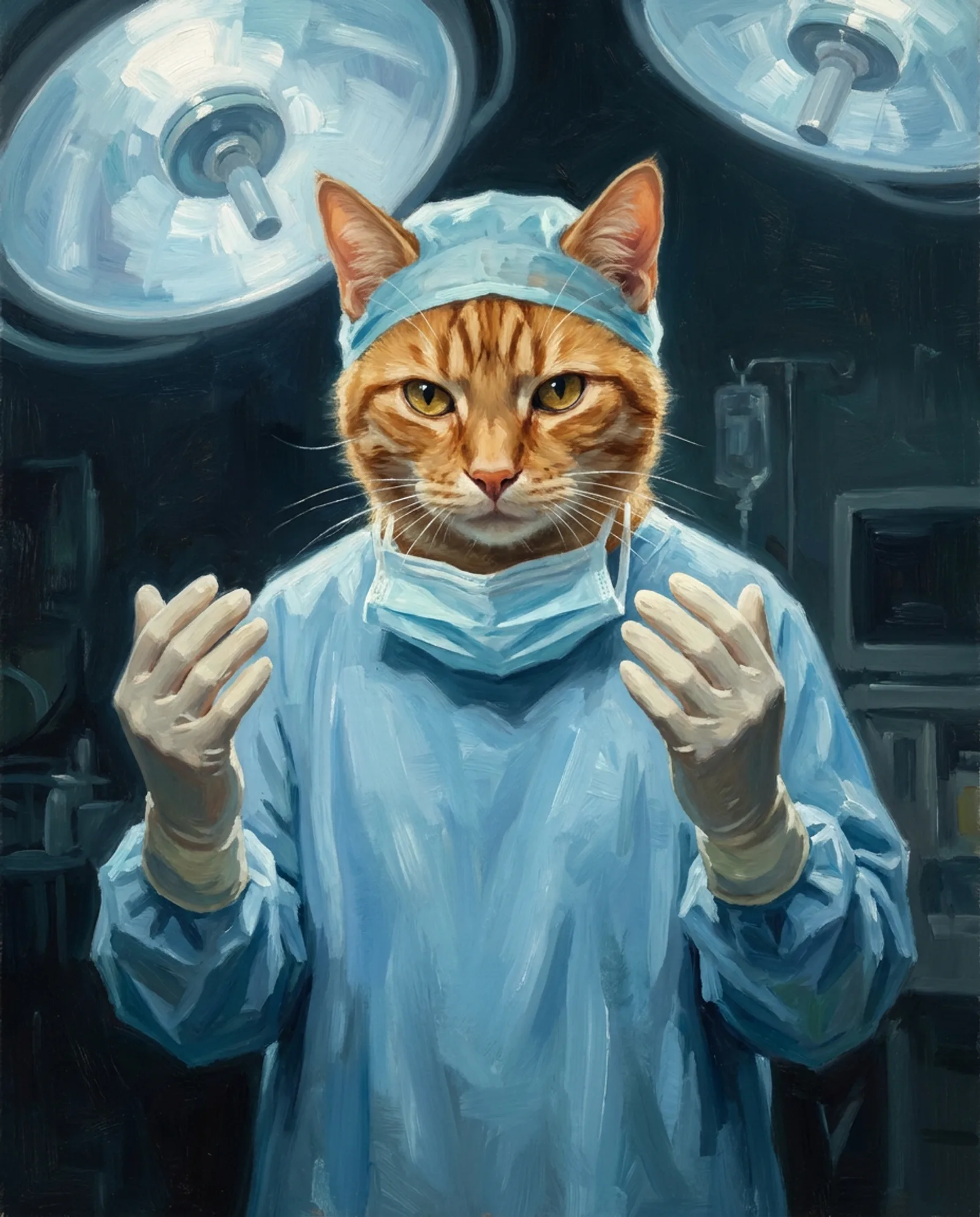 The Surgeon — Theatre lights, mask lowered, completely steady.