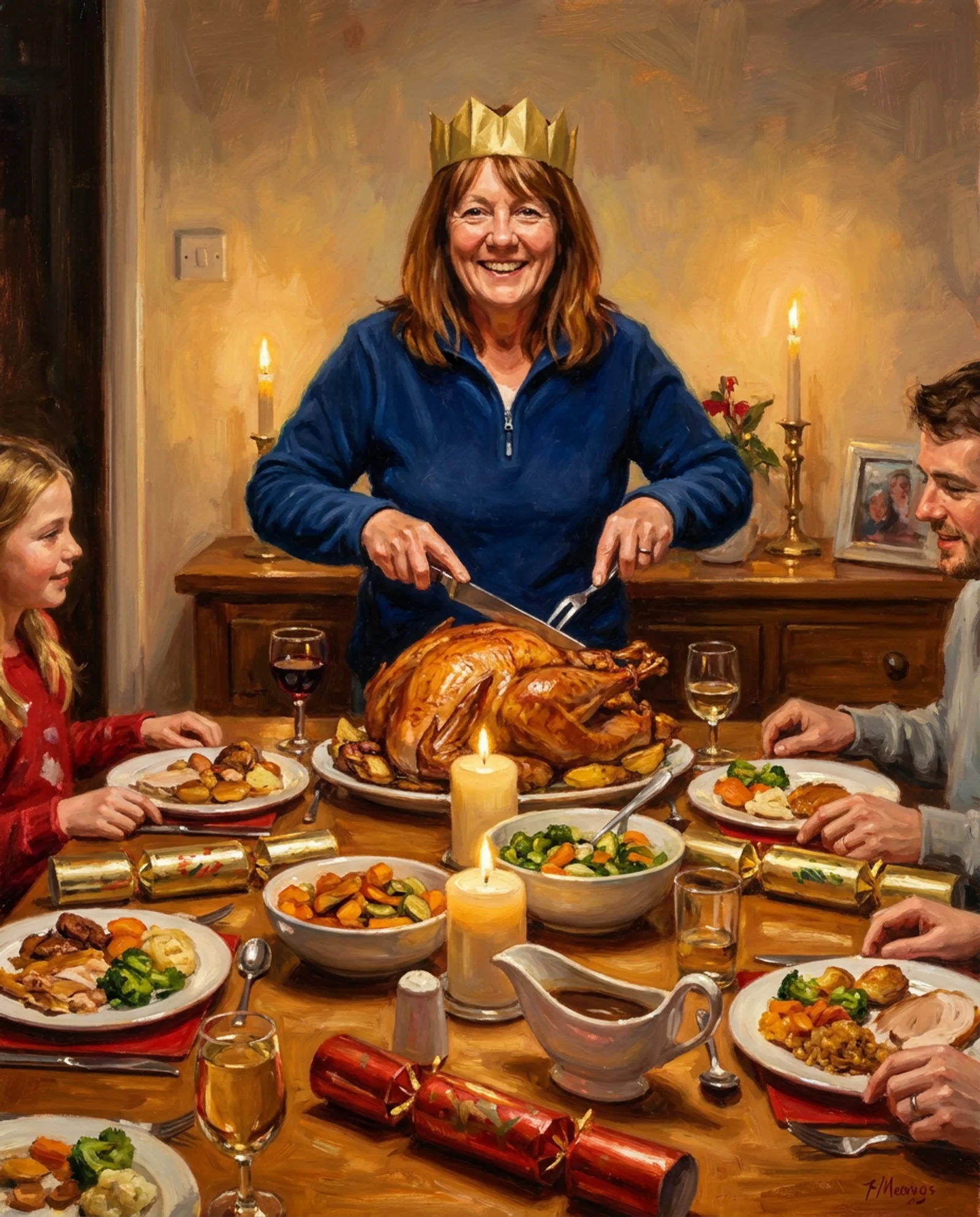 Carving the Turkey — Paper crown, big knife, entire family waiting.