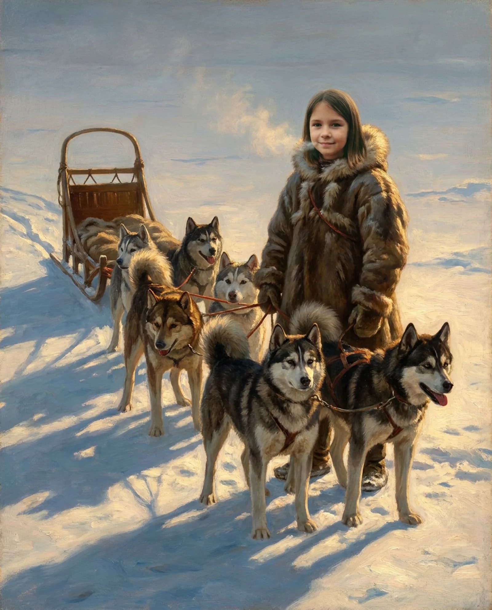 Your child, with the huskies.