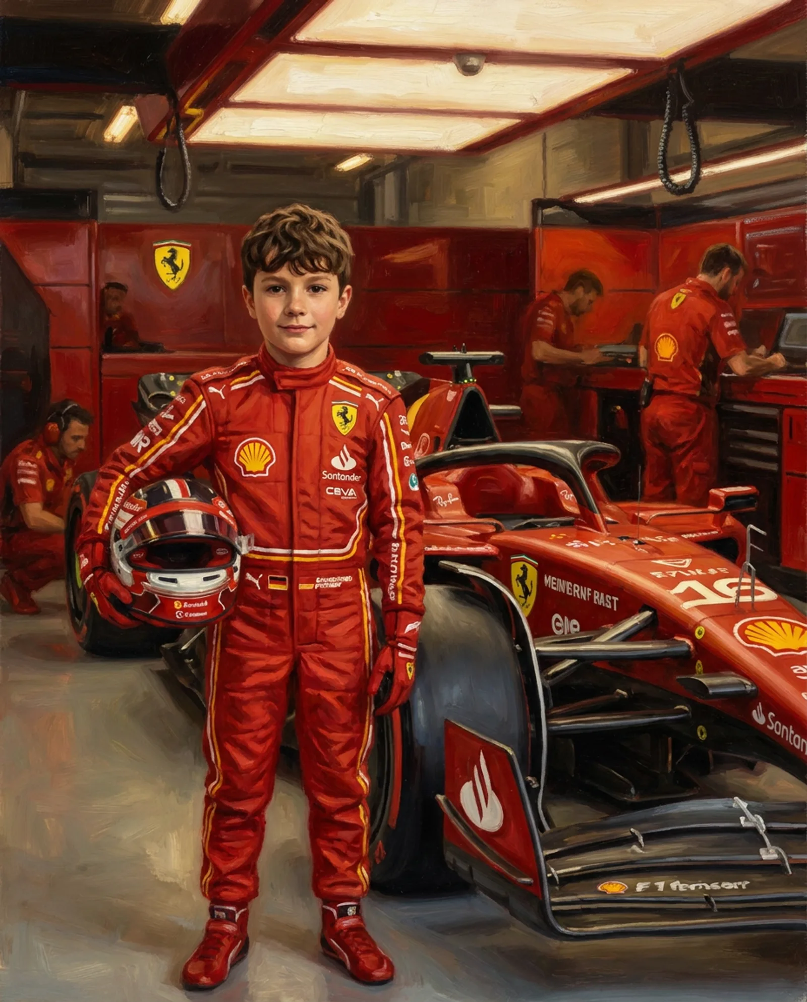 Your child, in the red car's garage.
