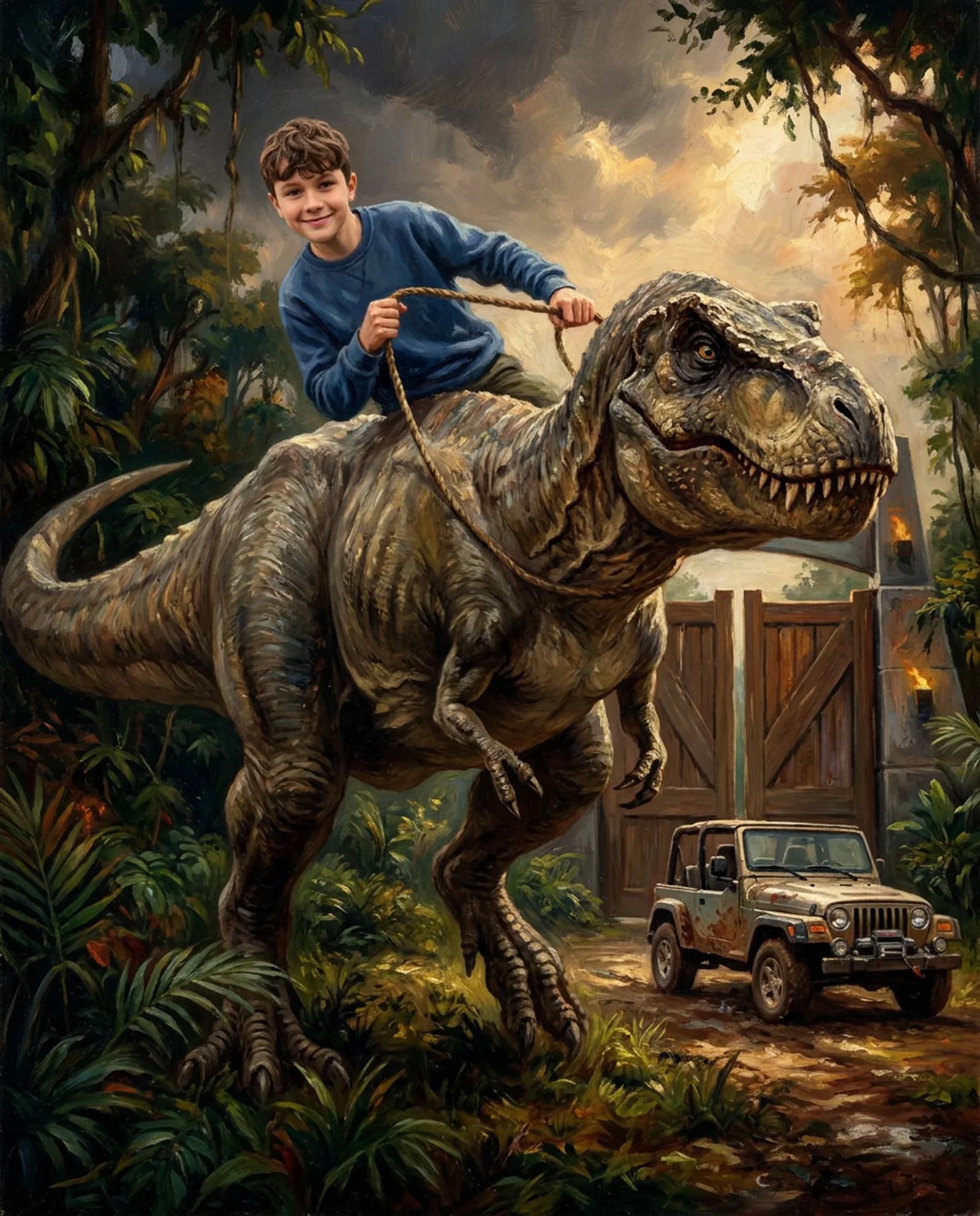 Your child, riding a T-rex.