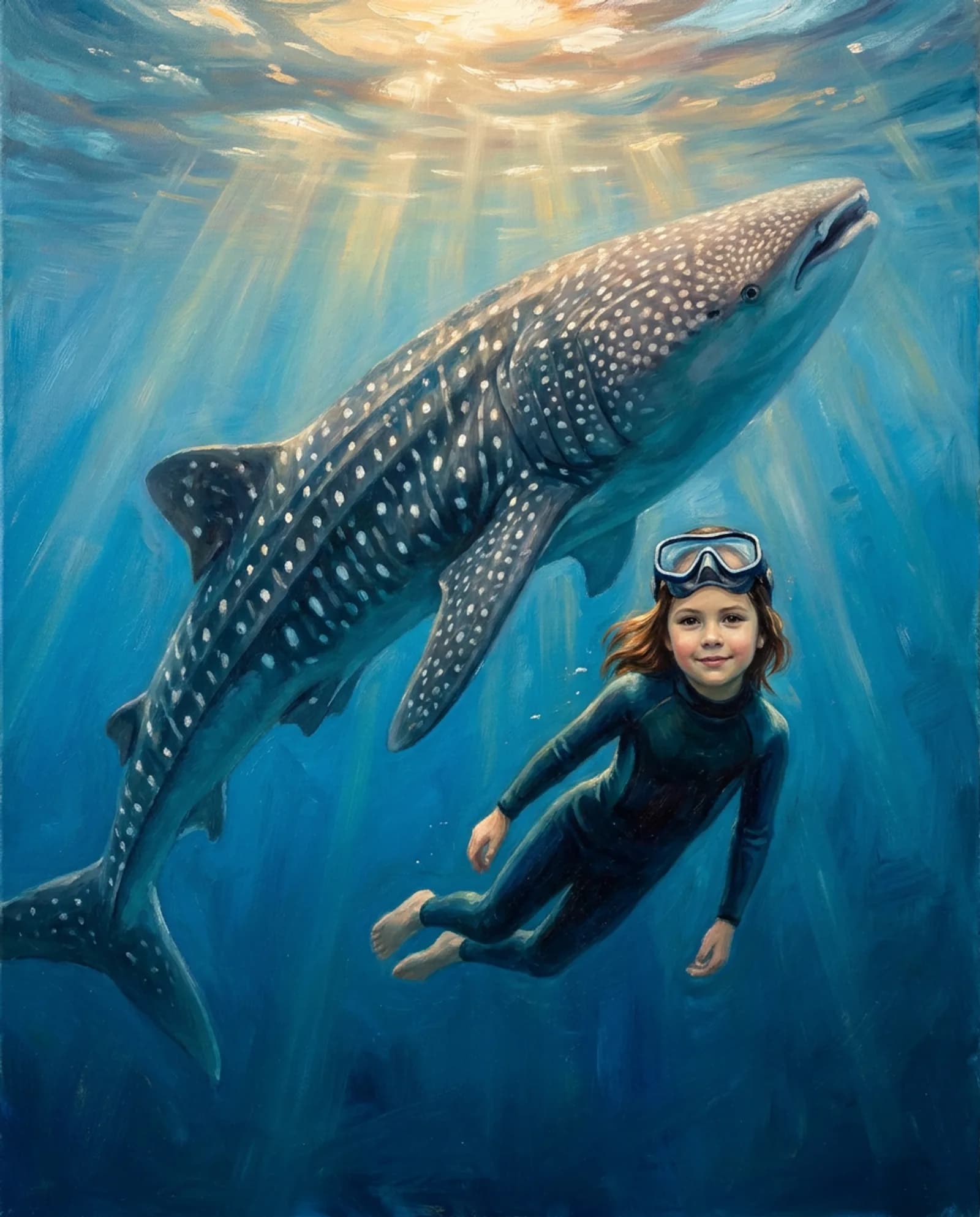 Your child, diving with a whale shark.