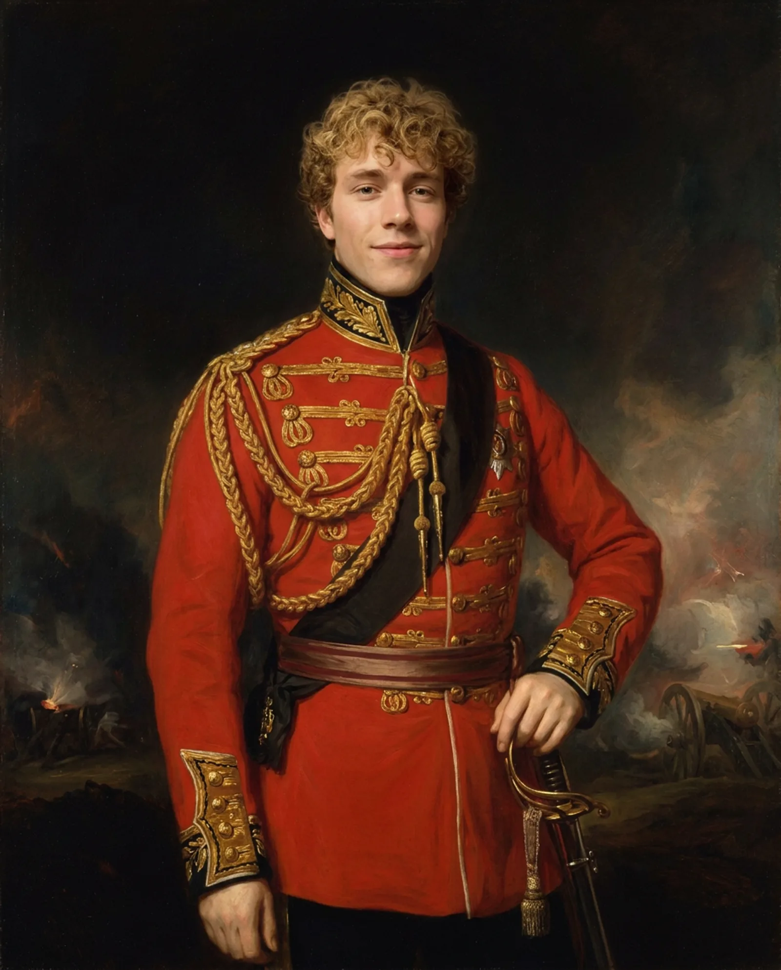The Regimental Portrait — Scarlet tunic, gold braid, one hand resting on the sword hilt.