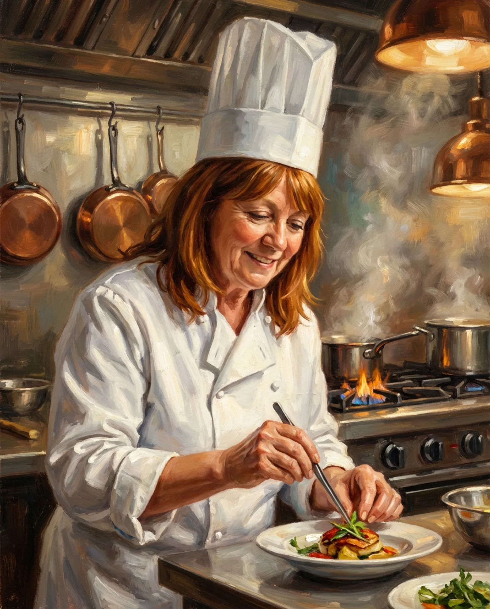The Chef — Whites, a tall toque and a plate being finished with tweezers.