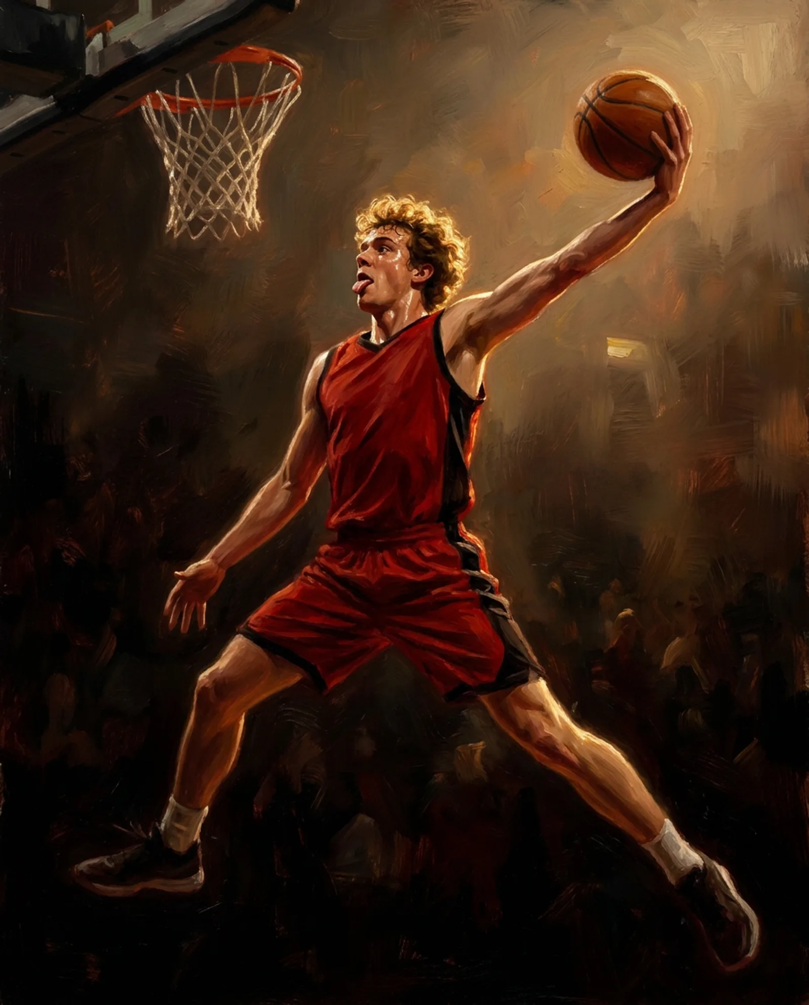 The Dunk — Airborne from distance, the whole arena in darkness.