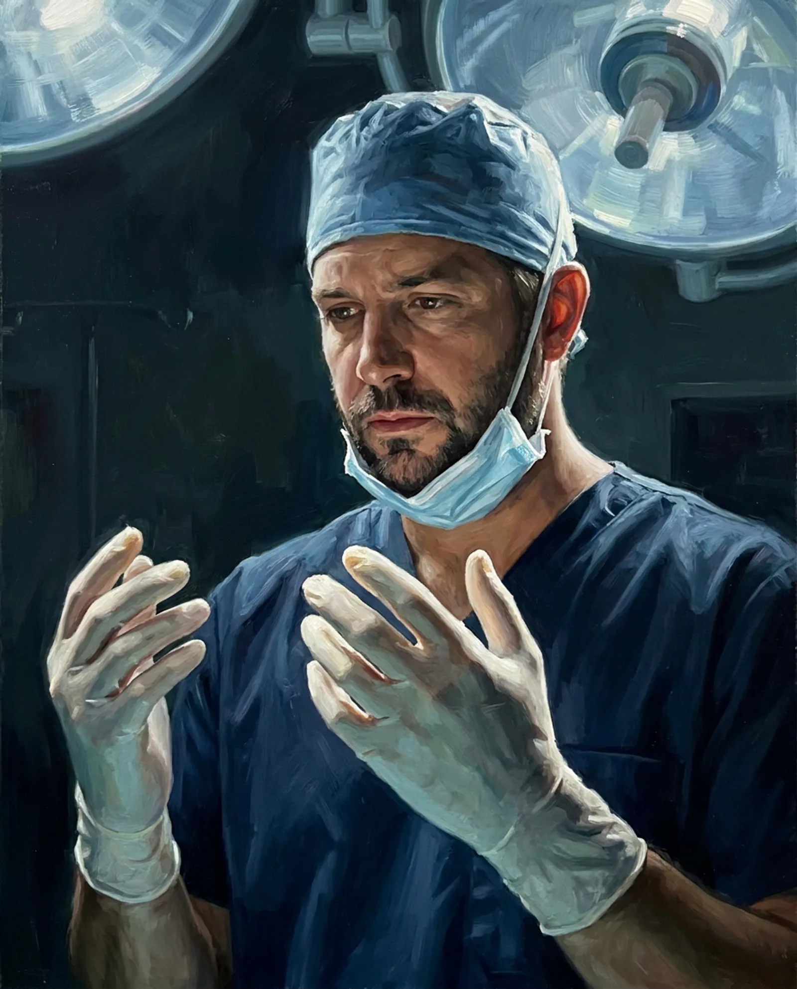 The Surgeon — Theatre lights, mask lowered, completely steady.