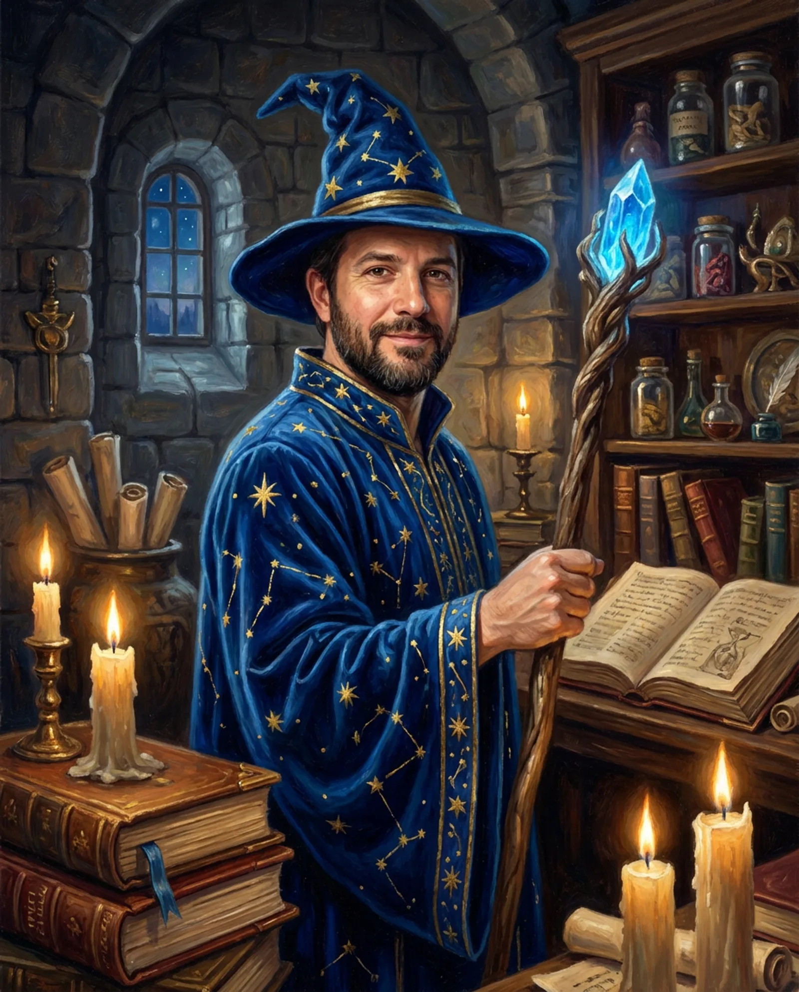 The Wizard — Star-strewn robe, gnarled staff, a tower full of candles.