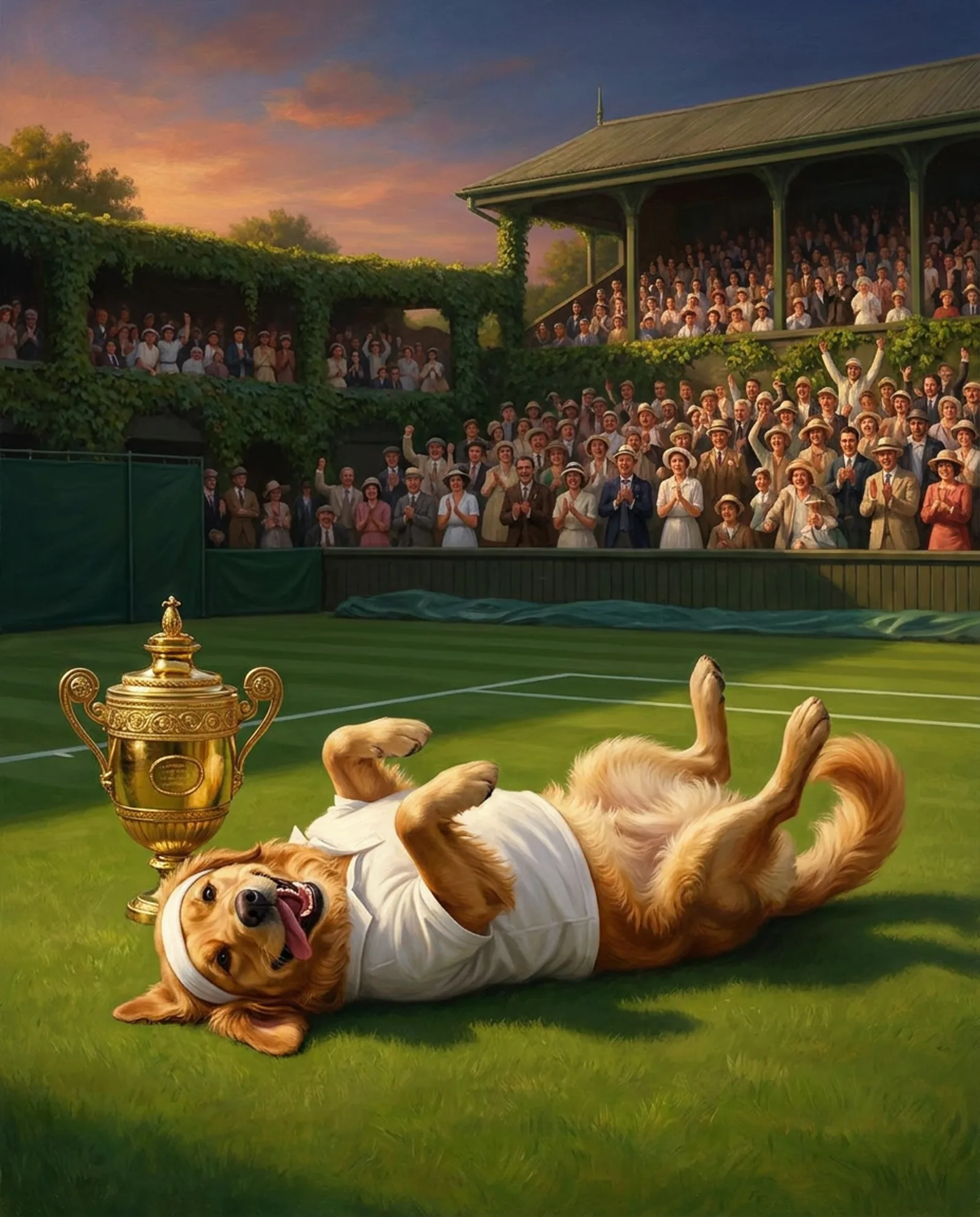 Centre Court — Whites on grass, flat on its back in a victory roll, trophy on the turf.