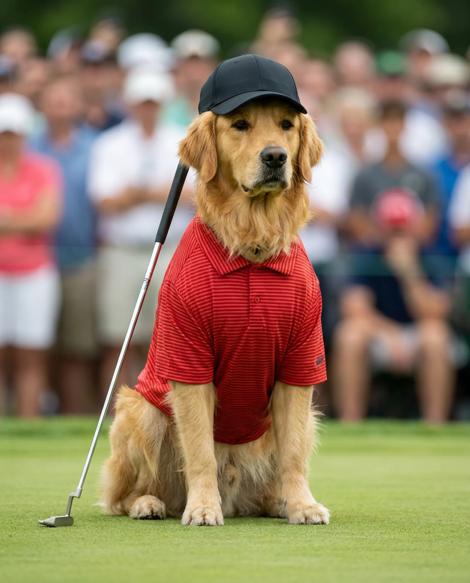 Reading the Putt — Crouched low on the green, cap on, gallery holding its breath.