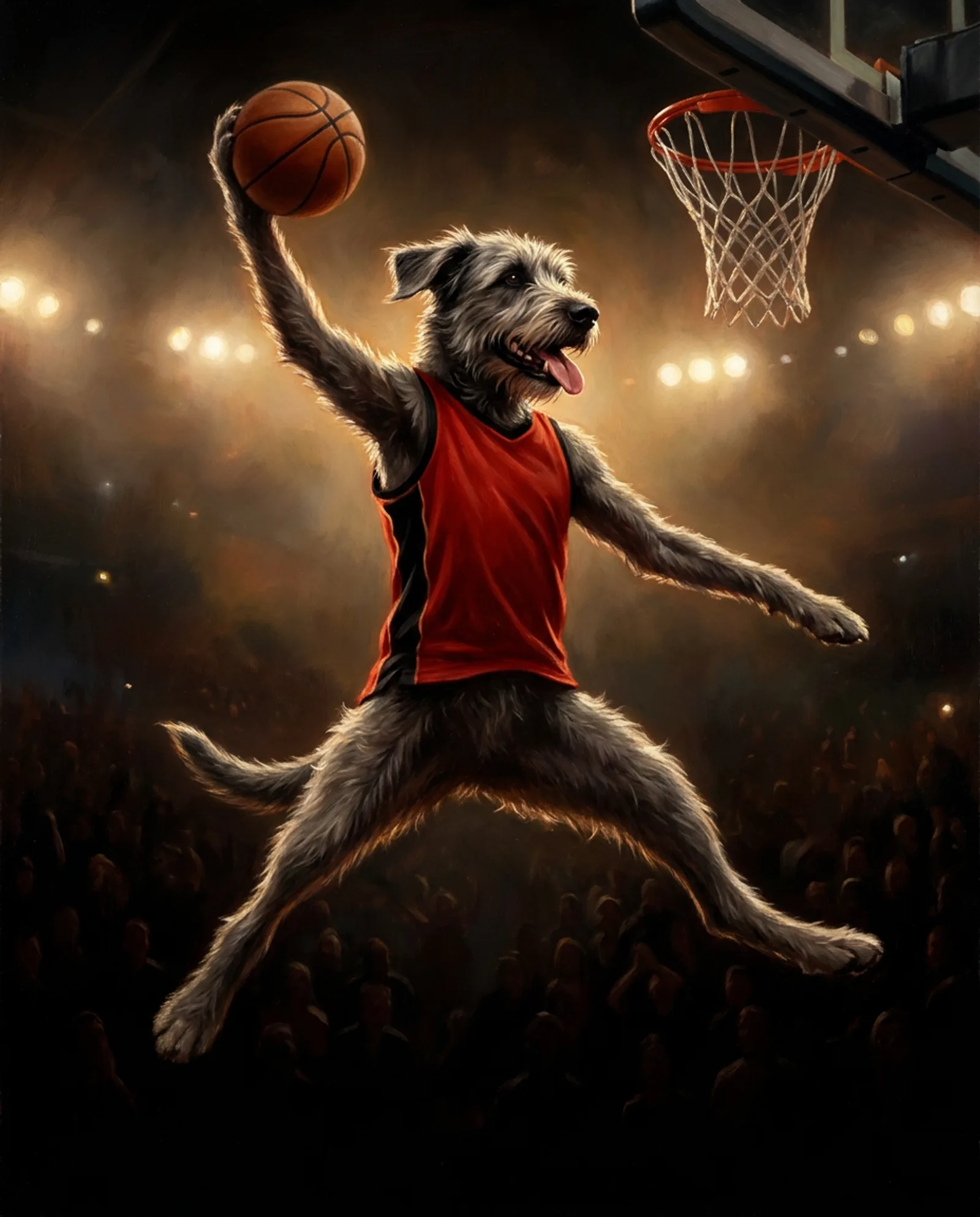 The Dunk — Airborne from distance, tongue out, the whole arena in darkness.