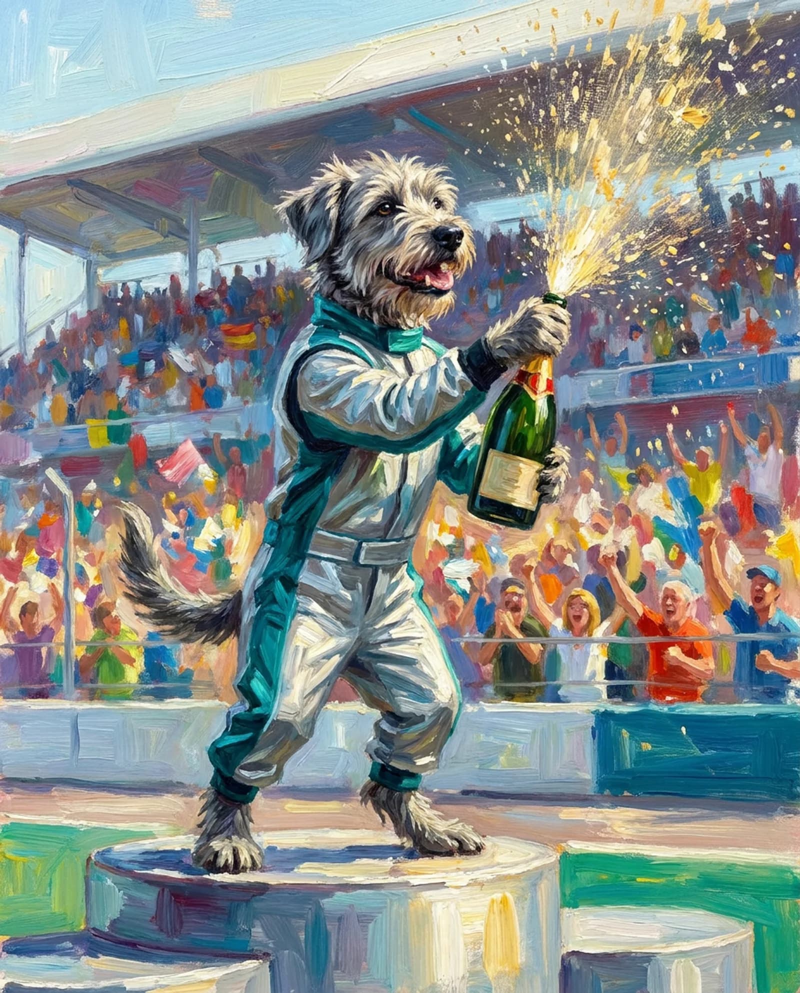 The Podium — Top step, magnum in paw, champagne going everywhere.