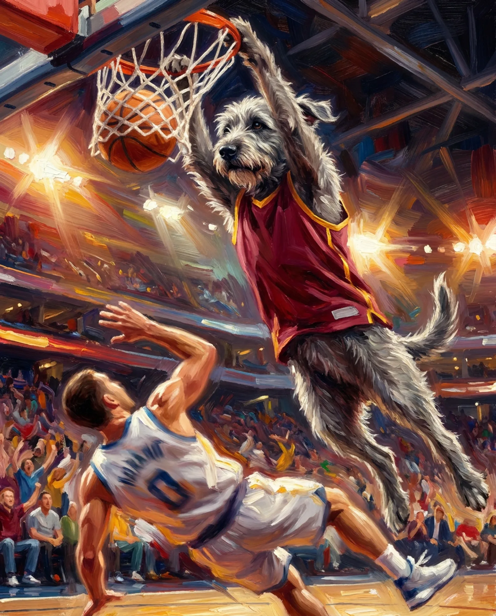 The Poster — Rising over a falling defender, low angle, everything at full stretch.