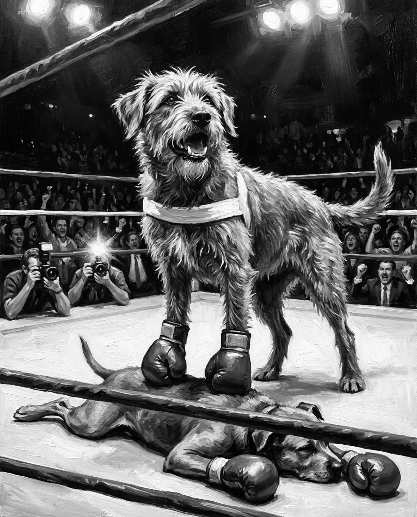 The Standing Count — Stood over a fallen challenger, roaring, ring lights blazing.